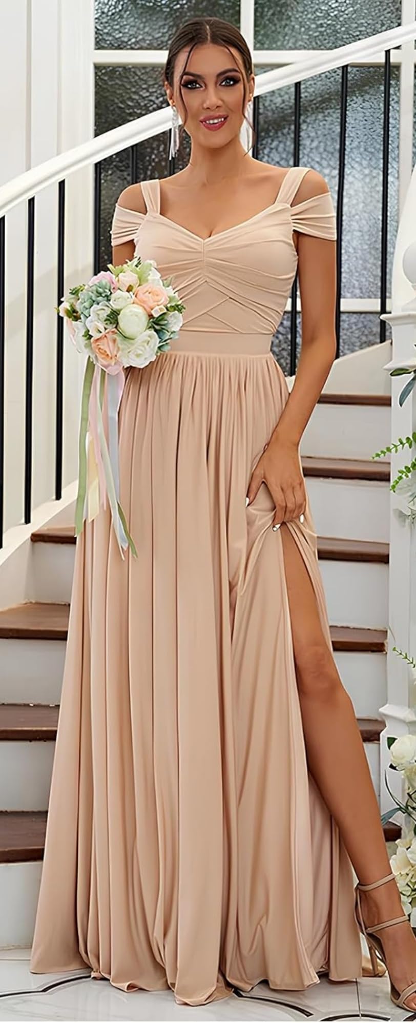 Damen Chiffon Brautjungfernkleider Lang,Schulterfrei Elegante Abendkleider Lang A-Linie Kleider für Hochzeitsgäste