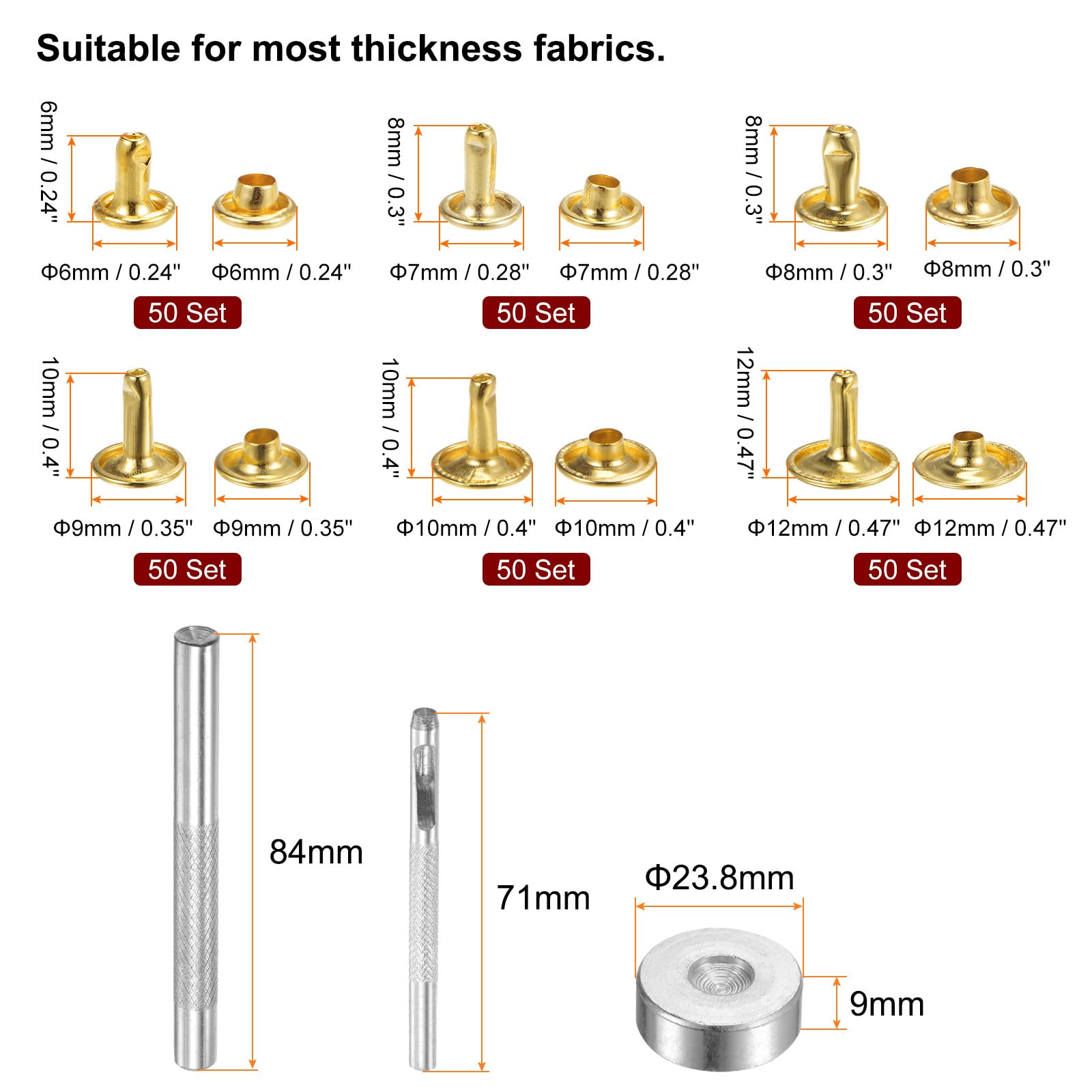 HARFINGTON 300 Sets Leather Rivets 6 Size Metal Double Cap Rivet Snaps Studs Fasteners with 3pcs Setting Tools Rivets for Leather Craft DIY Repair Decoration, Gold Tone