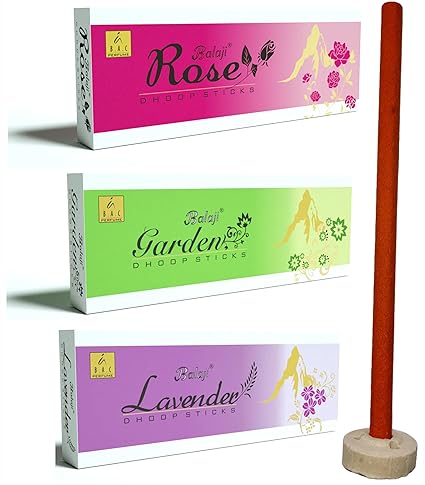 Balaji Premium Long Dhoop Sticks (1 Pack = 3 Packet) (75 Gram Each pc) (Total 30 Sticks) Sticks Lenth 15 cm Dhoop Sticks ! Balaji Products ! with @ Rose/Garden/Lavender Fragrance