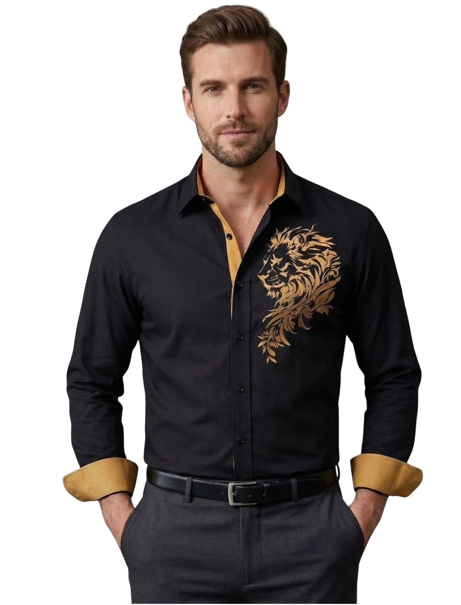 Men's Graphic Lion Pattern Cotton Rayon Shirt with Long Sleeve Collared Neck Standard Length and Button Down Closure Type | Casual Shirt for Man | Formal Shirt for Man-image-11