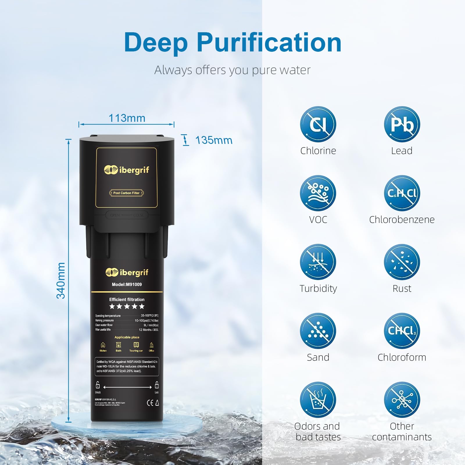 Ibergrif Sistema de Filtro de Agua para Debajo del Fregadero, Certificado NSF/ANSI 42, Reduce Cloro, Plomo, Fluoruro, Mal Sabor y Olor, Instalación Rápida, Negro, M91009