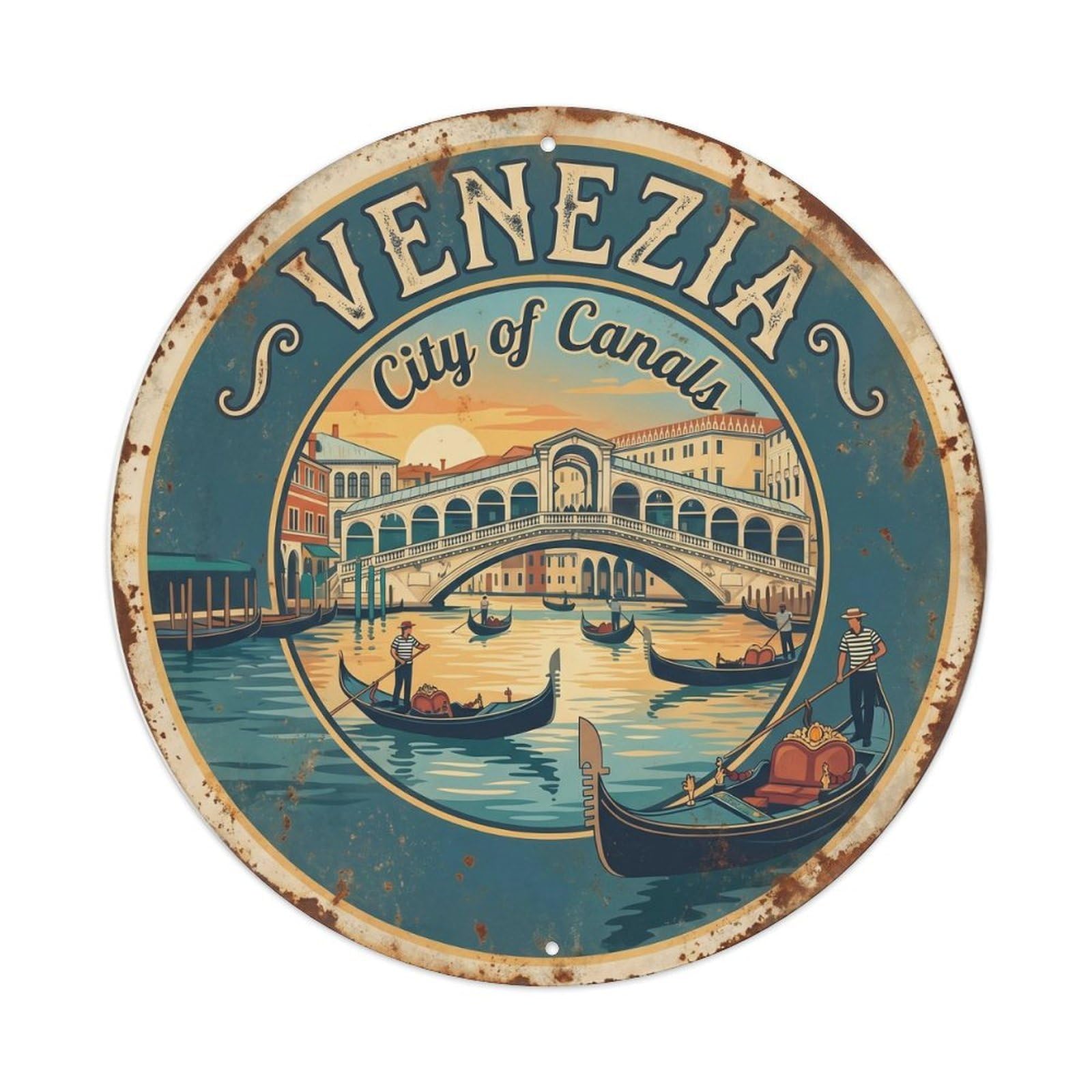 Vintage Travel Venetian Gondola Europe 2 Metal Tin Sign Plaque Wall Decor for Cafe, Club Bar, Office, Home Garden Round Metal Poster 8x8Inch