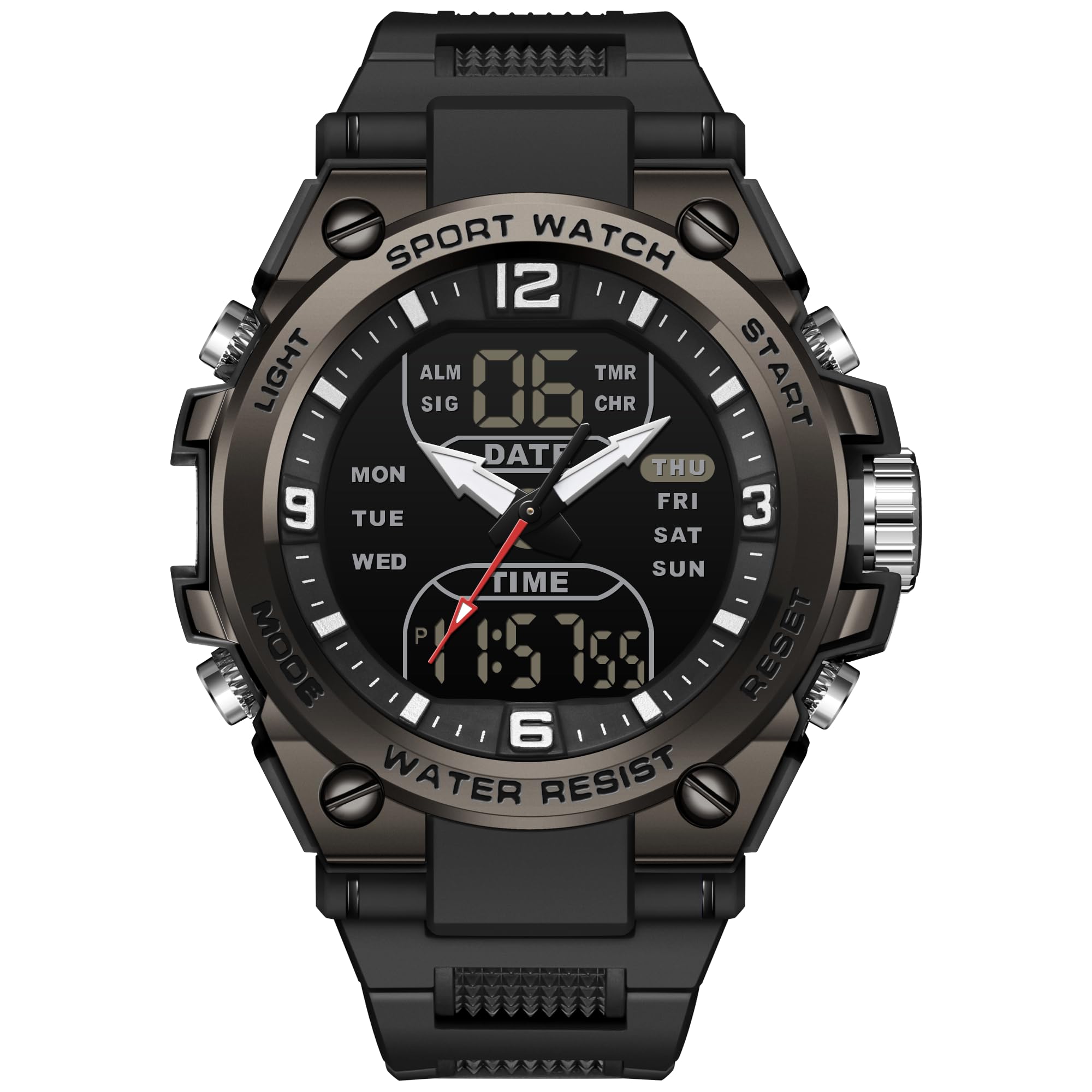 Orologio da polso da uomo, digitale, sportivo, impermeabile, militare, con display a LED, lancette analogiche e numeri digitali, Nero , cinghia
