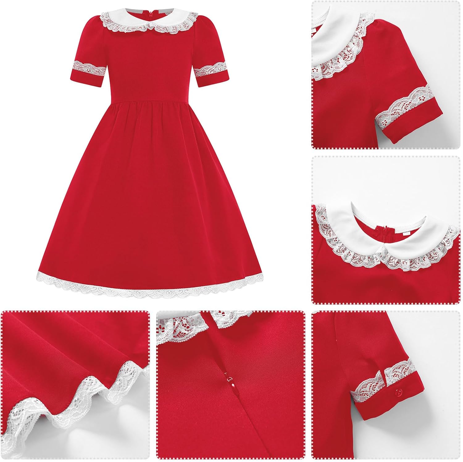 Kids 1950s Vintage Dress for Girls Dollar Collar 50s Tea Party Outfits Audrey Hepburn Style Lace Trim Rockabilly Swing Dress