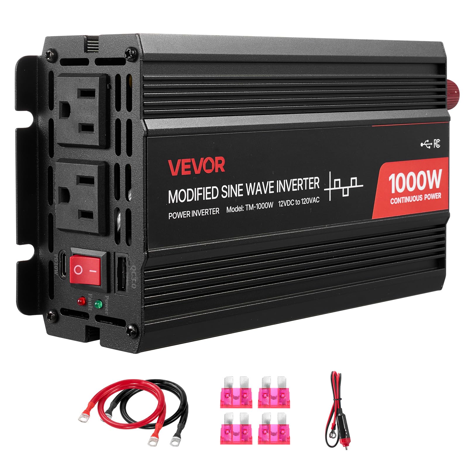 Photo 1 of VEVOR 1000W Power Inverter, 12V DC to 120V AC Modified Sine Wave Inverter, Car Charger Converter with USB & Type-C Port, 2 AC Outlets, LED Indicator Light, Ideal for RV, Truck Outdoor Camping
