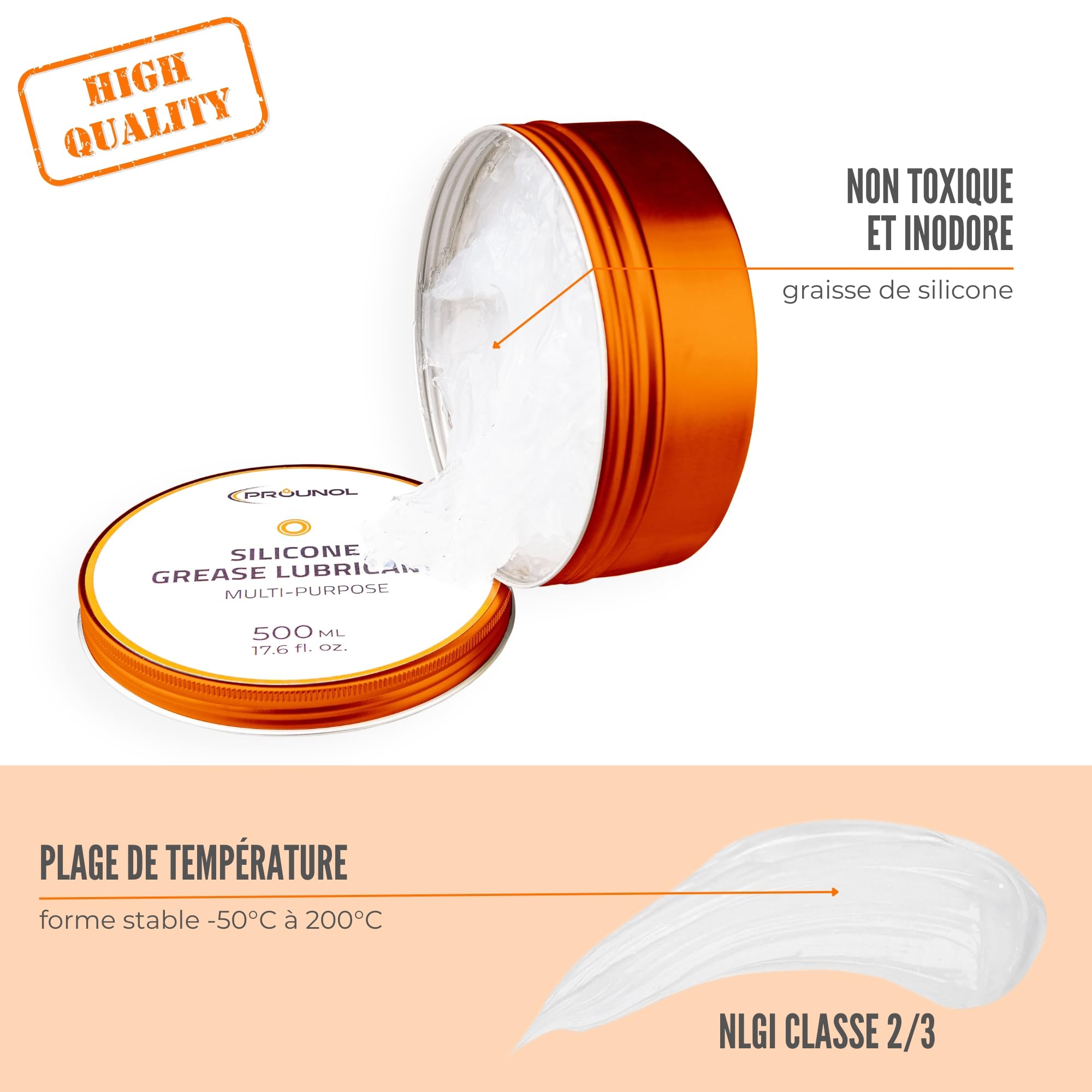 Prounol Graisse Silicone Alimentaire pour Joint Torique et Robinet, 500 ml | Contact eau potable (certifié PZH) | Piscine, plomberie, mécanique | Diélectrique, imperméable | Grand format atelier