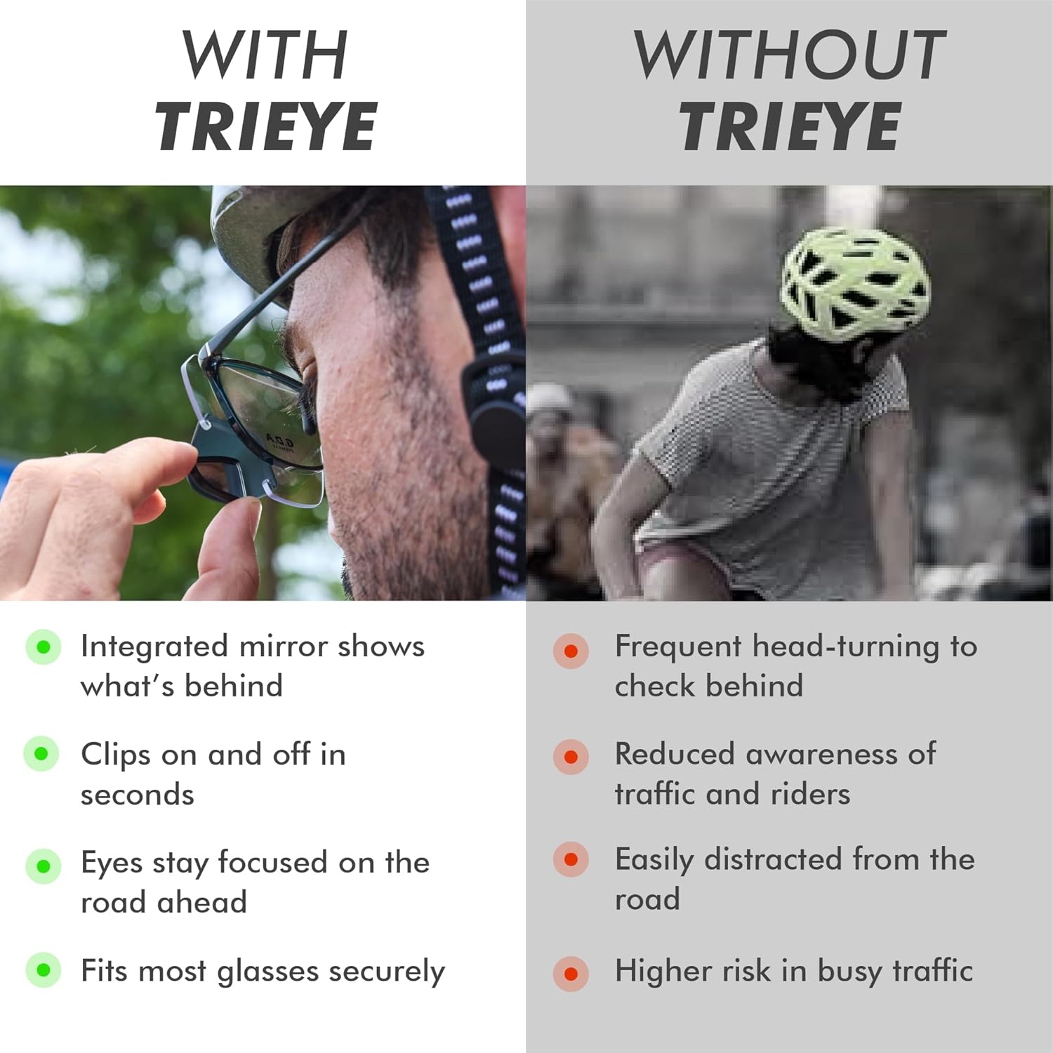 TriEye Clip-On Sunglasses Over Prescription Glasses with Rearview Mirror – Polarized or Clear Cycling Lenses 140 & 145 mm
