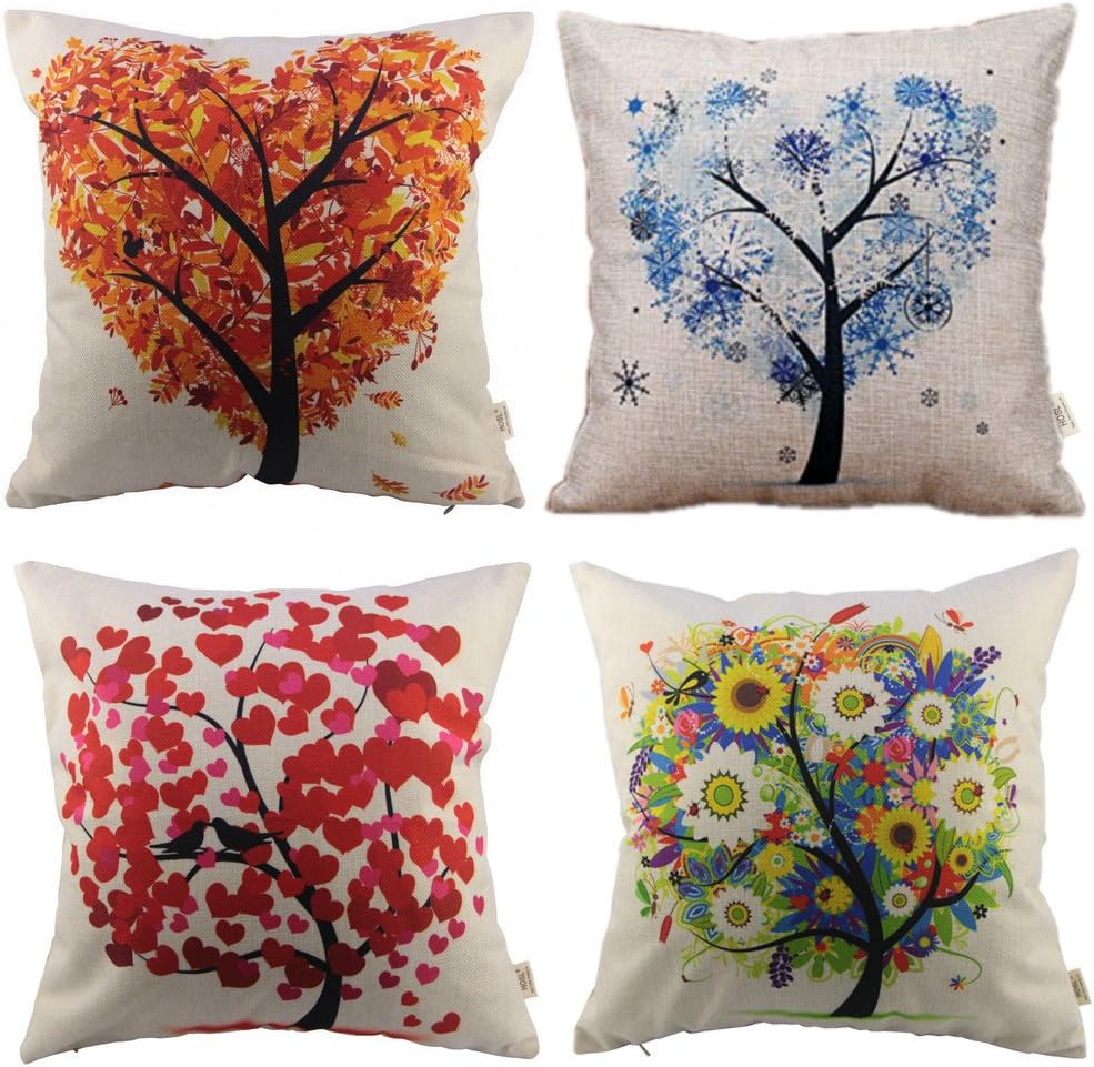HOSL P71 4-Pack Cotton Linen Sofa Home Decor Design Throw Pillow Case Cushion Covers Square 17.5 Inch (Set of 4 Tree Series)