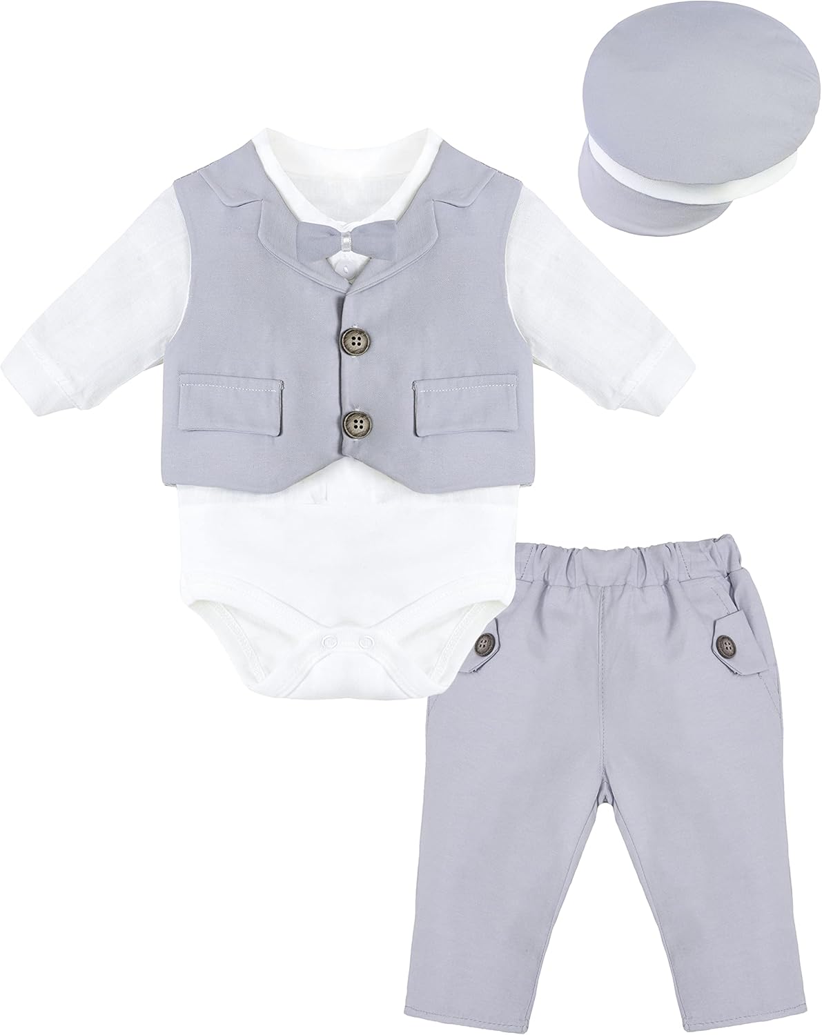 Lilax Baby Boy Tuxedo Gentleman Dress Shirt, Bowtie, Pant and Hat 4-Piece Cotton Suit Set