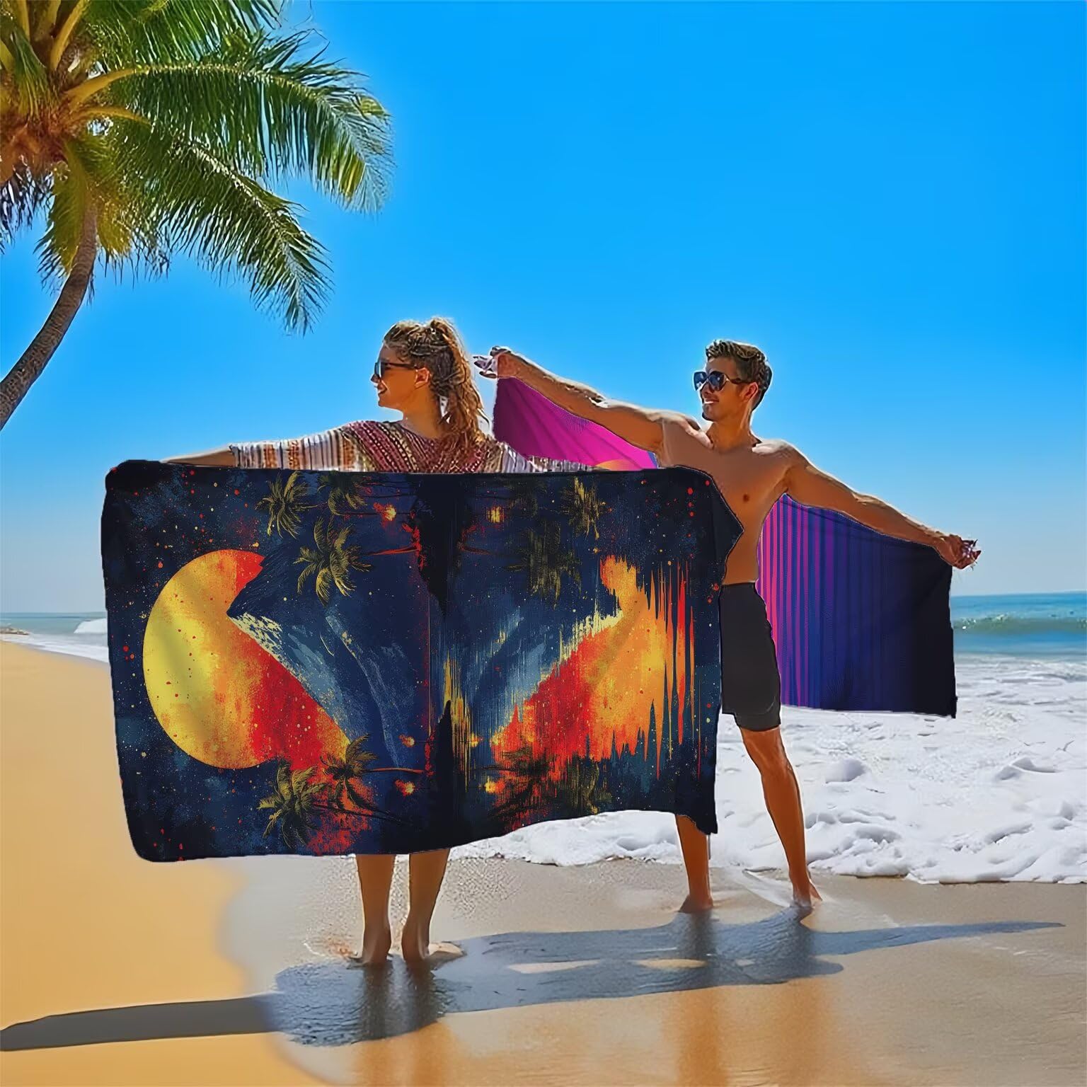 Serviette de Plage 90x180cm, Vacances Serviette Microfibre Lot de 2 Coucher de soleil Motif Ultra Absorbantes Séchage Rapide Anti Sable Légère Drap de Plage Design pour Piscine Voyages Sauna, Model302