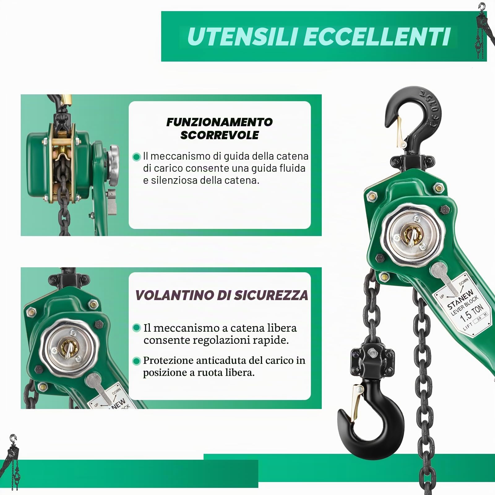 STANEW Paranco a Catena, Paranco a Leva Manuale Altezza di Sollevamento 2.8m, Capacità Max. da 1.5t, Catena in acciaio al carbonio G80, gancio girevole a 360°