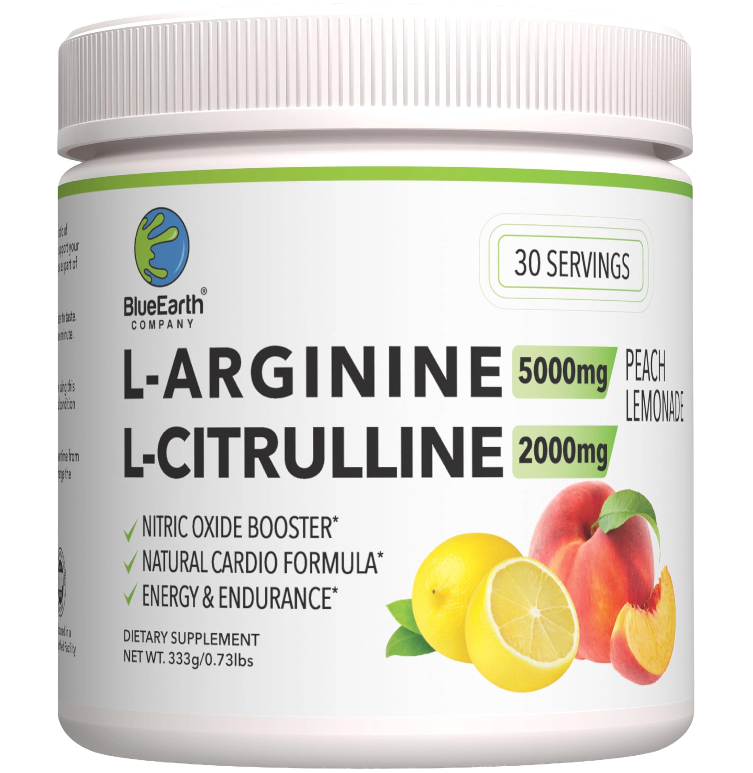 BlueEarth Company L-Arginine 5000mg + L-Citrulline 2000mg Complex Powder Supplement - Nitric Oxide Booster - Heart Health, Blood Flow, Energy & Endurance - 30 Servings (Peach Lemonade)