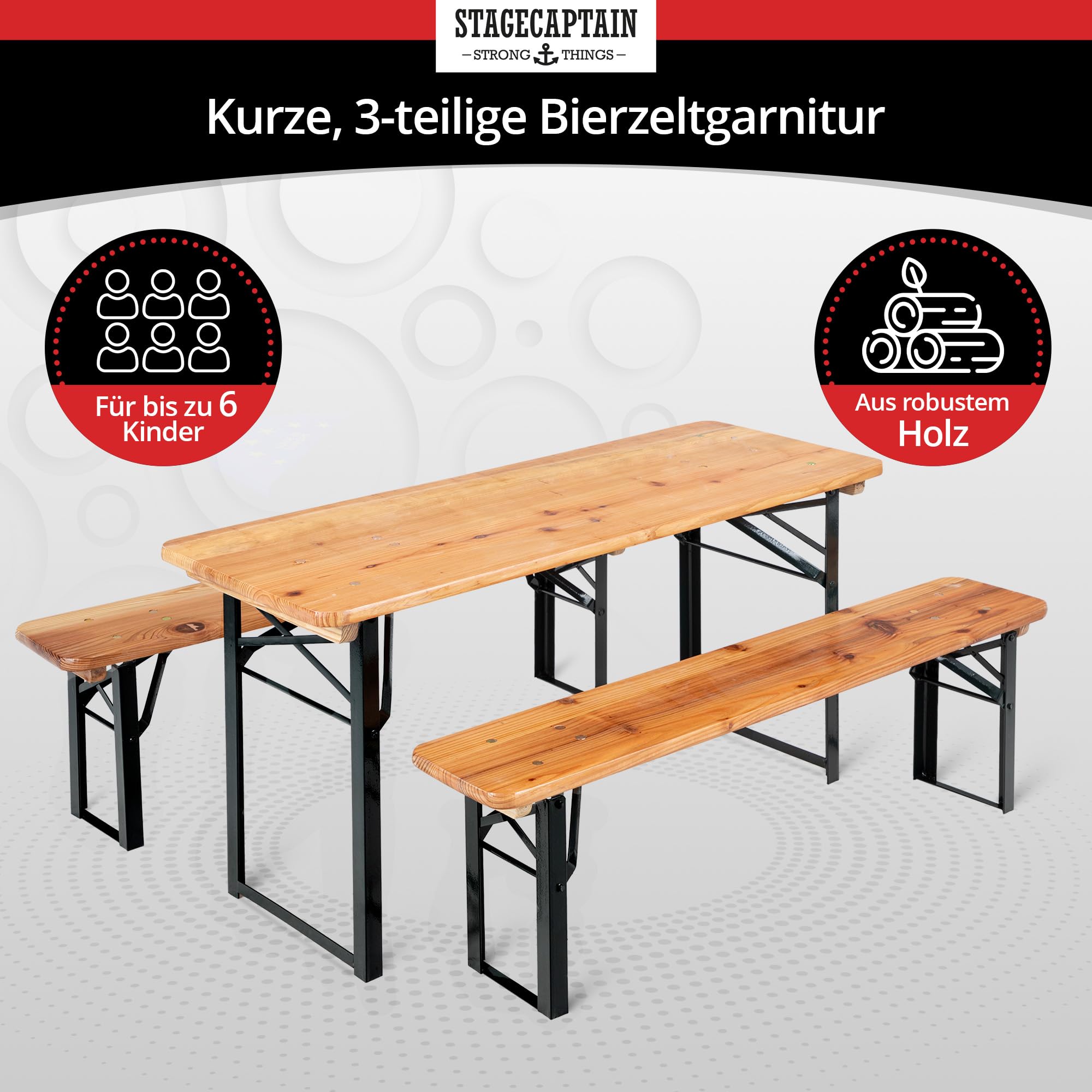 Stagecaptain BBK-110 Hirschgarten Bierzeltgarnitur für Kinder - Kurze Version mit 110 cm Länge - Klappbare Festzeltgarnitur 1x Tisch 2X Bank - Sitzgarnitur aus Holz - Innen & Außenbereich - Natur