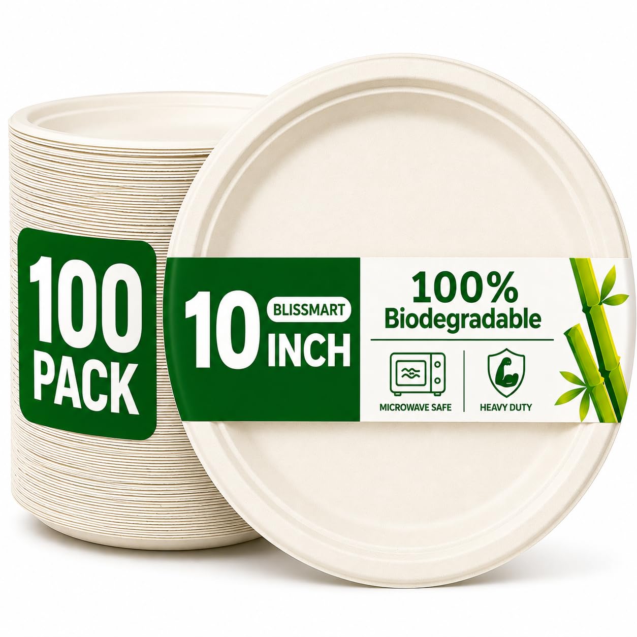 BLISSMART 10 Inch Disposable Paper Plates 100 Pack Heavy Duty Bagasse Plates Compostable Sugarcane Eco Friendly Large Plates for Parties BBQs Picnics Catering
