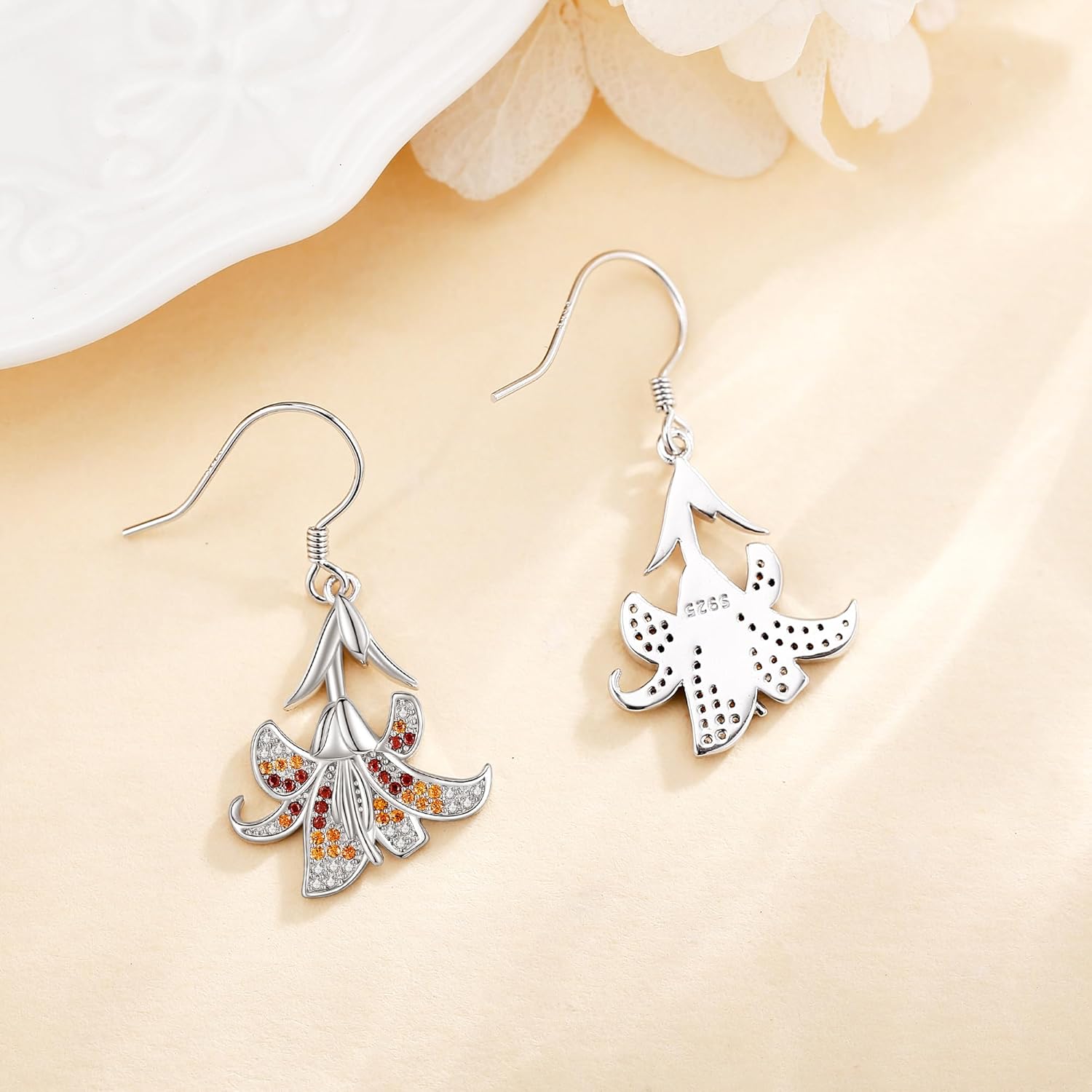 Lily Earrings 925 Sterling Silver Lily Dangle Earrings Flower Jewelry for Women - Image 6