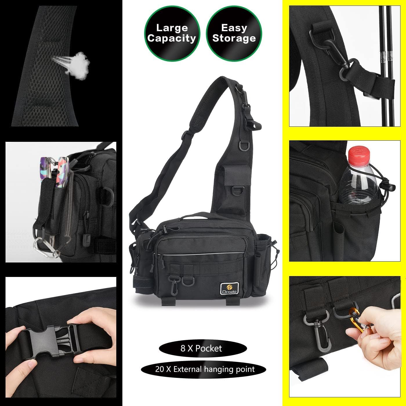 drado Angeltasche Sling Angeltasche, Wasserdicht und verschleißfest Angelrucksack für Angelzubehör(schwarz)