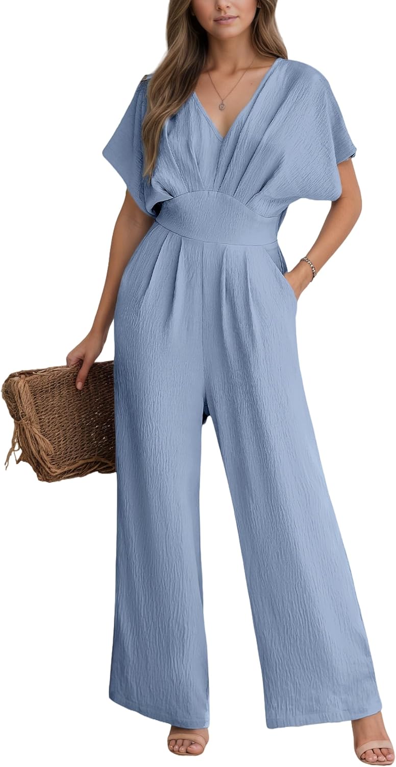 CUPSHE Womens Wide Leg Jumpsuits V-Neck Batwing Short Sleeve Summer Long Rompe Casual Outfit Pocket