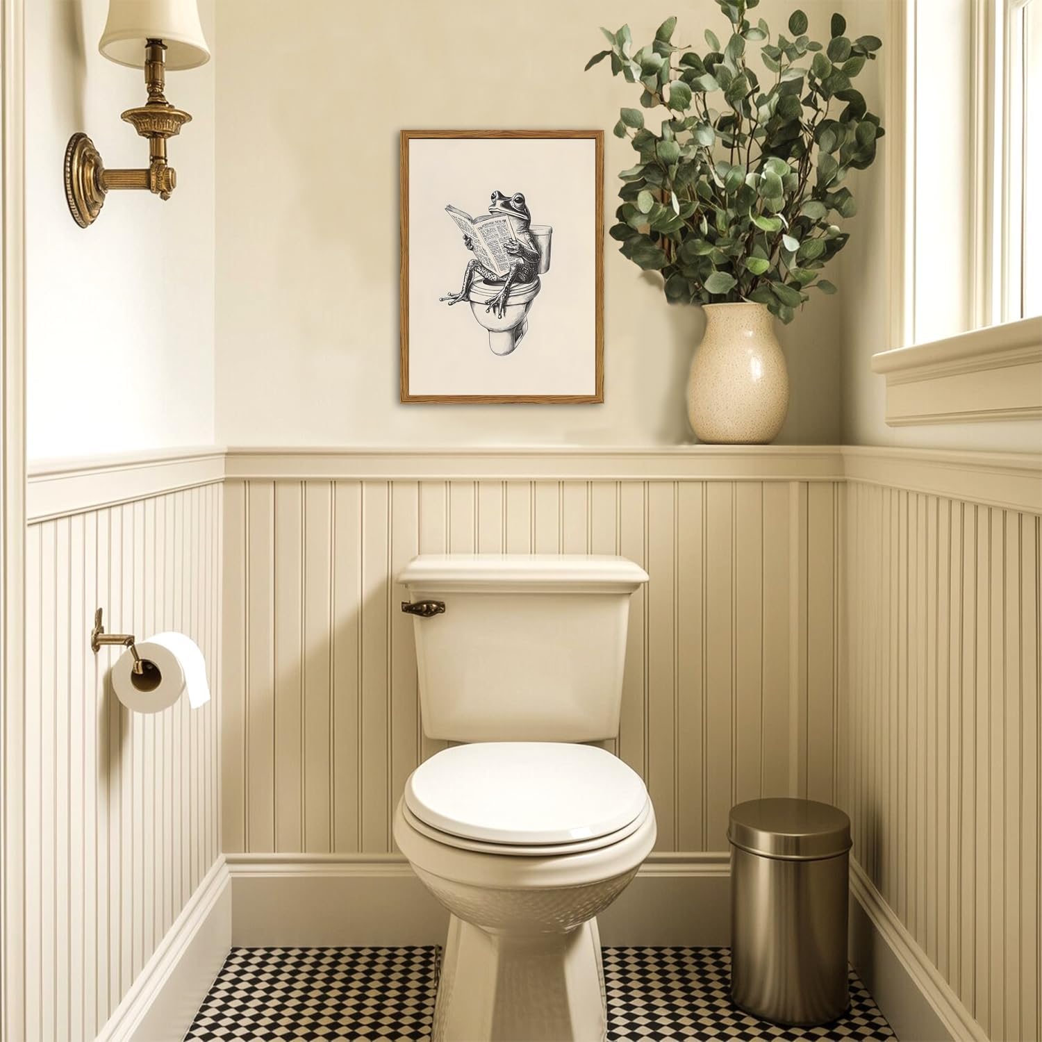 Framed Funny Frog Bathroom Wall Art, Whimsical Frog on Toilet Reading Newspaper Paintings Wall Decor, Humor Animal Pictures Canvas Prints Retro Home Decor for Restroom 16x24 inch