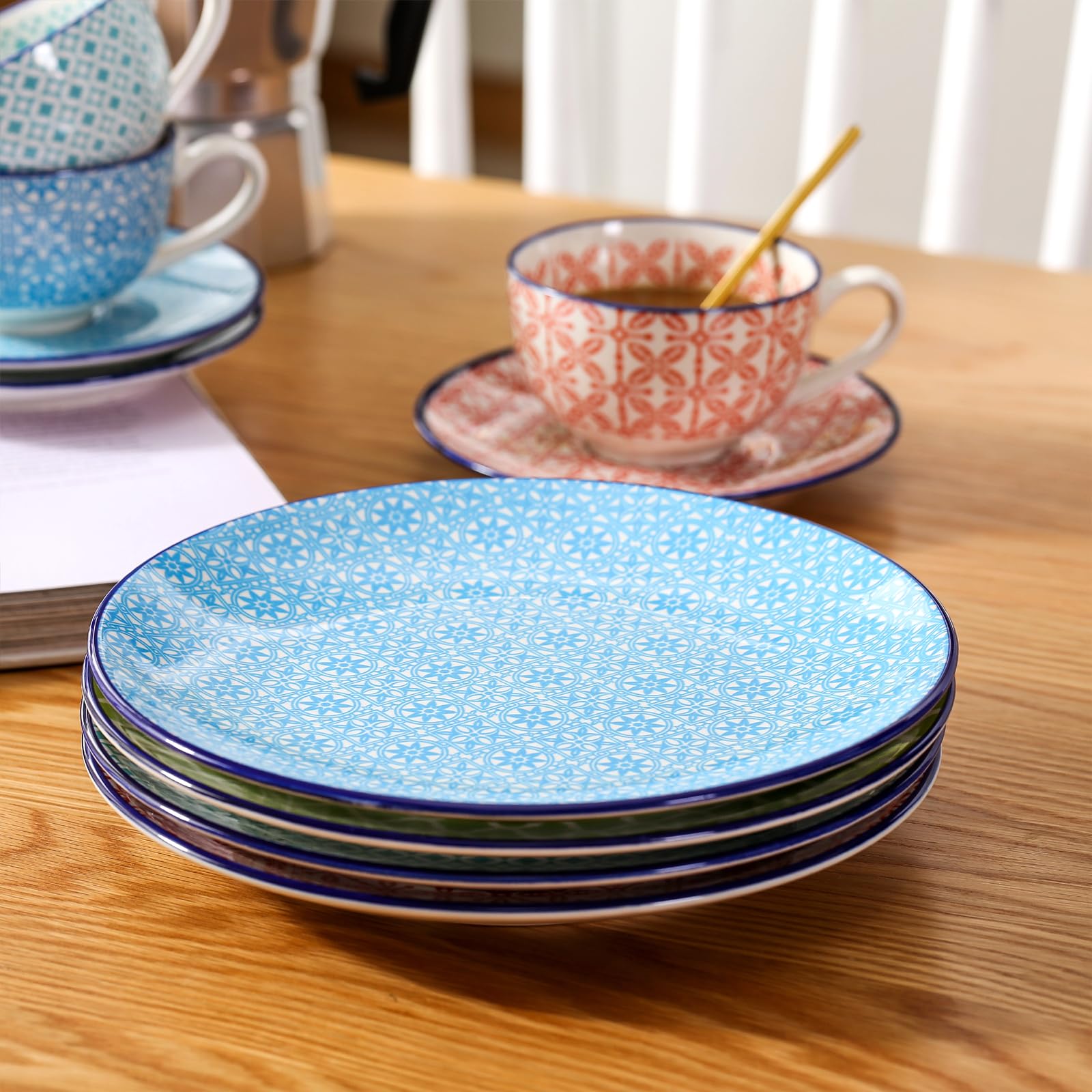 vancasso Zestaw 12 filiżanek i spodków do makaronu – wielokolorowy porcelanowy zestaw filiżanek do kawy i herbaty na śniadanie, popołudniową herbatę, marokański ręcznie malowany zestaw do kawy z