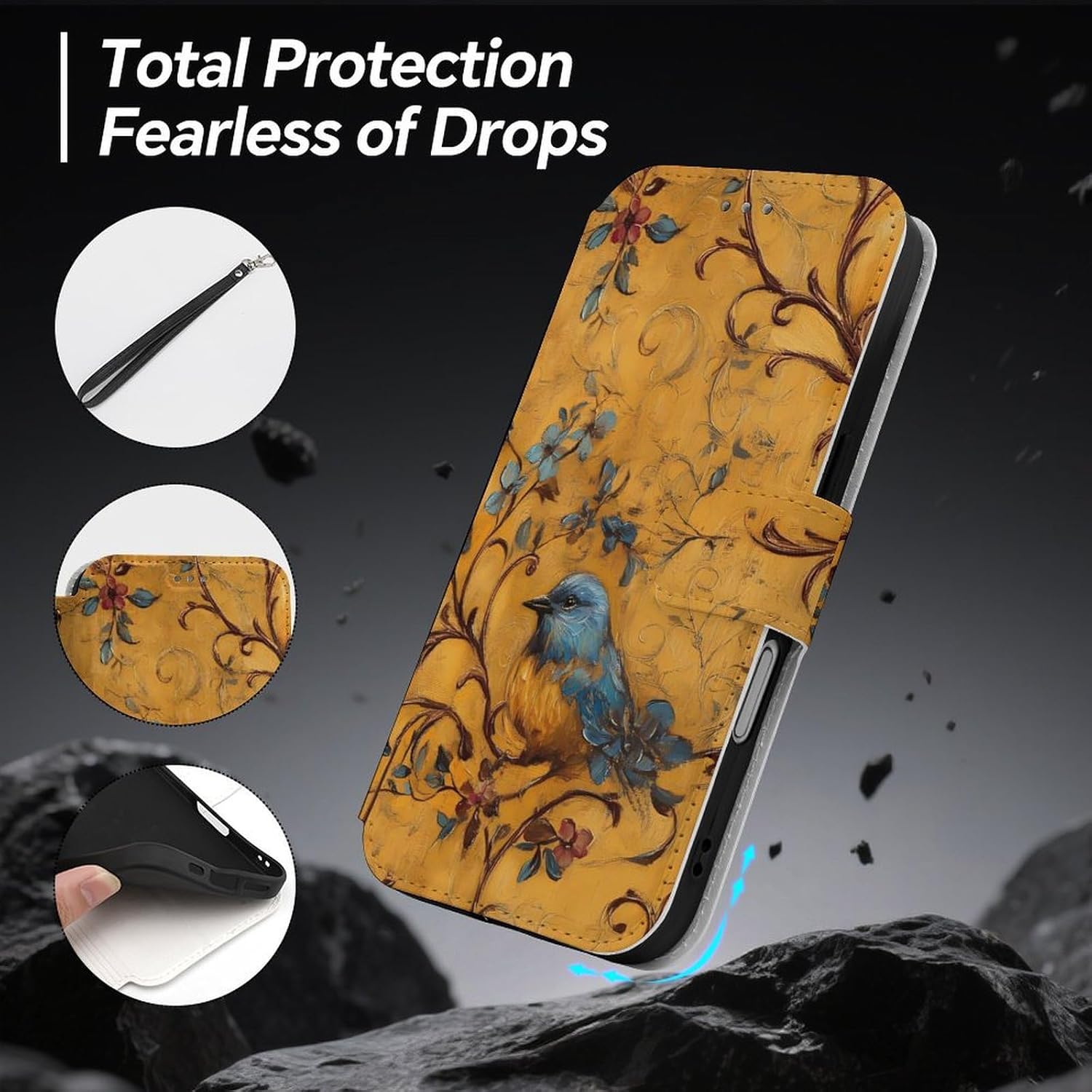 Blue Bird Perched On Branches Compatible with iPhone 16/16 Plus/16 Pro/16 Pro Max/16 E Case Phone Wallet Card Holder Flip Cover with Wrist Strap