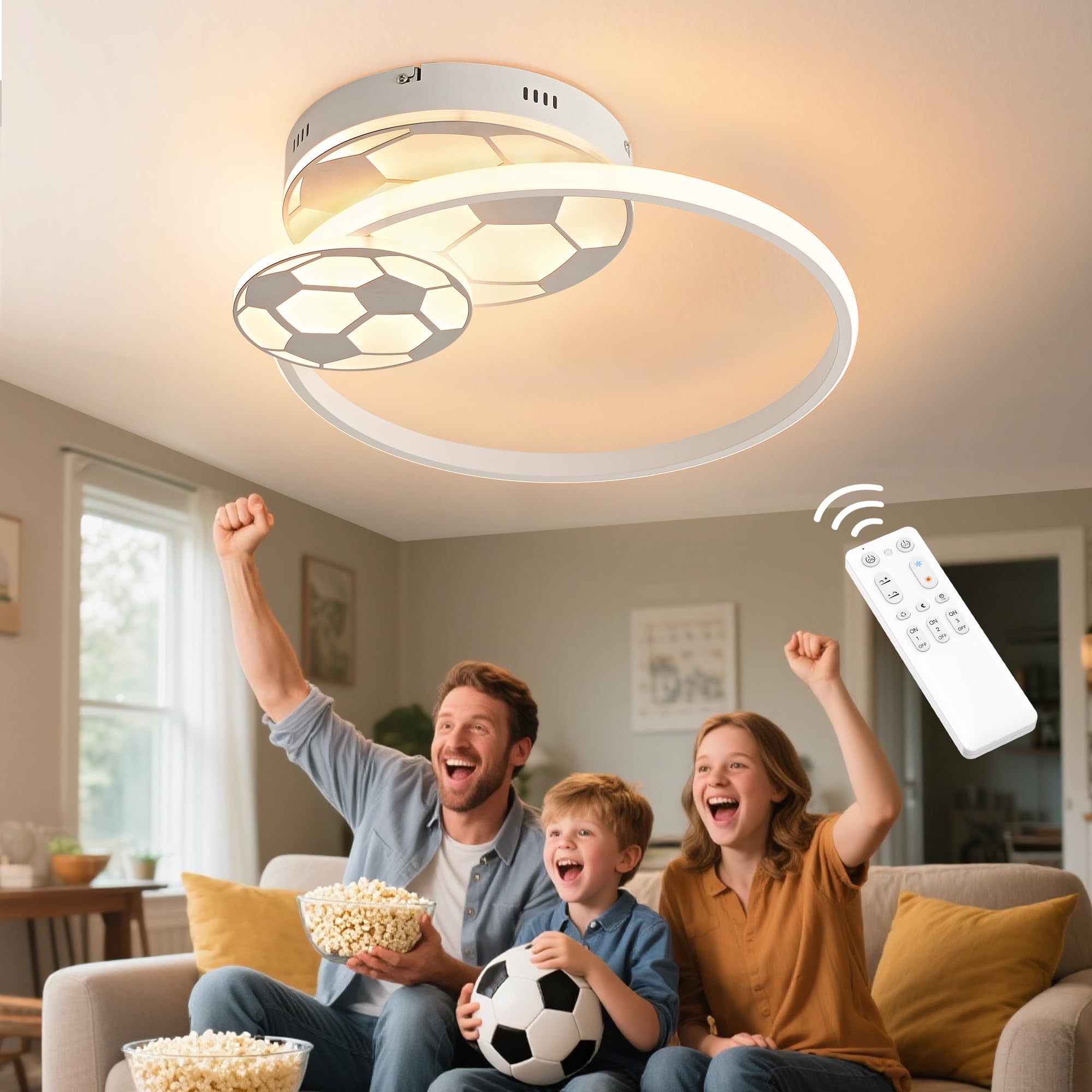 35CM 34W Lampara Infantil Techo, Lámpara de techo Fútbol LED Regulable con Control Remoto 3000-6000K, Lámpara LED para habitacion de bebé Plafon Led Techo para Dormitorio