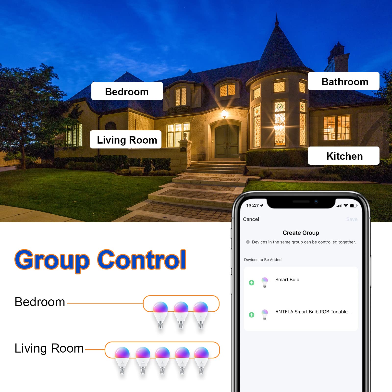 ANTELA Bombilla LED Inteligente WiFi G45, Casquillo E14, 4.5W, RGBCCT, Regulable Colores, Luz Cálida Fría 2700 a 6500K, 385lm, Compatible Alexa y Google Home, Vida Útil 15000 Horas, 8pcs