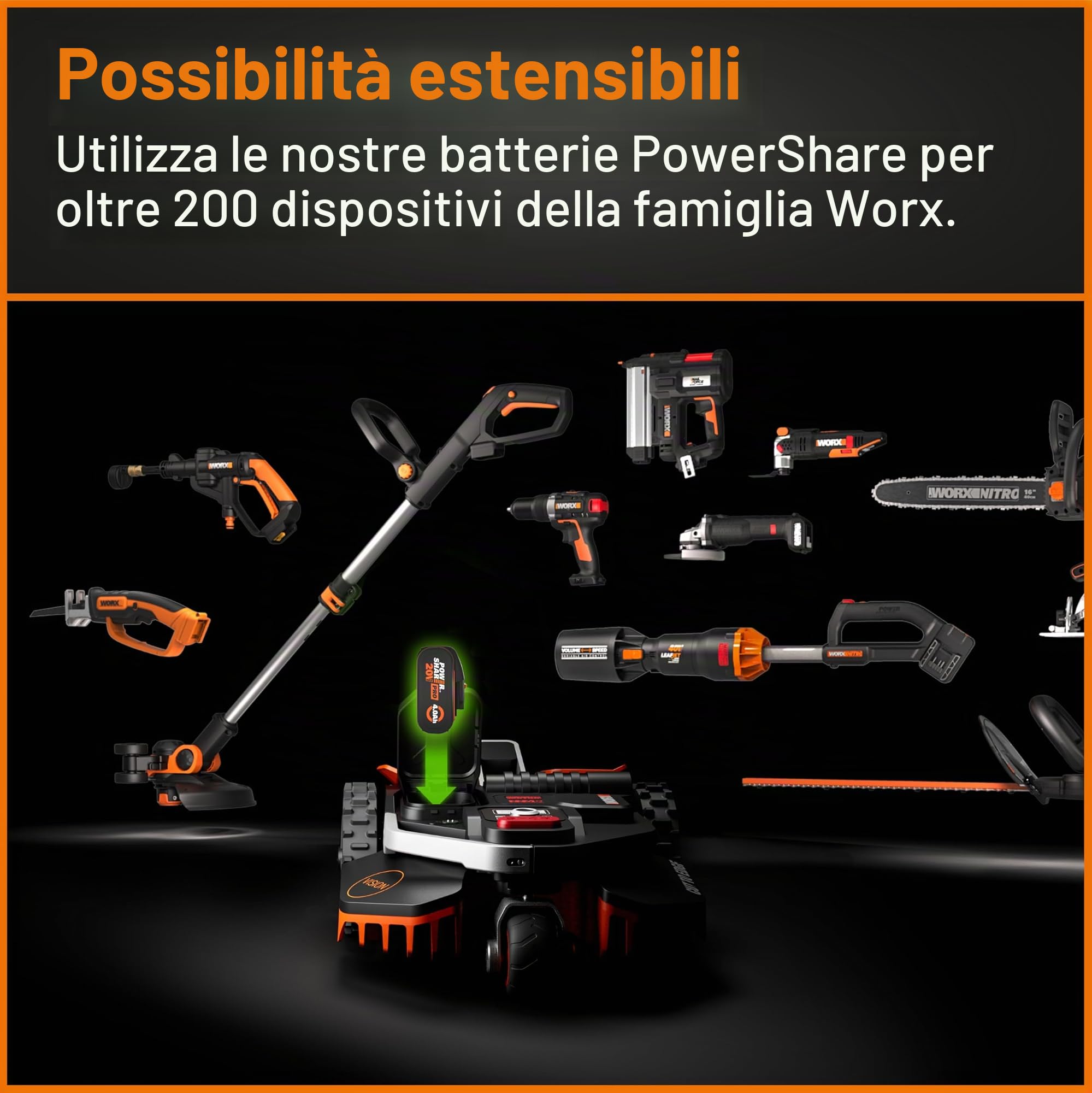 WORX WR206E Landroid - Tosaerba robotico 600 m² brevettato AIA falciatura multizona, ricarica automatica, batteria PowerShare 20 V, sensore pioggia, tecnologia Cut-to-Edge, controllo app, accessori
