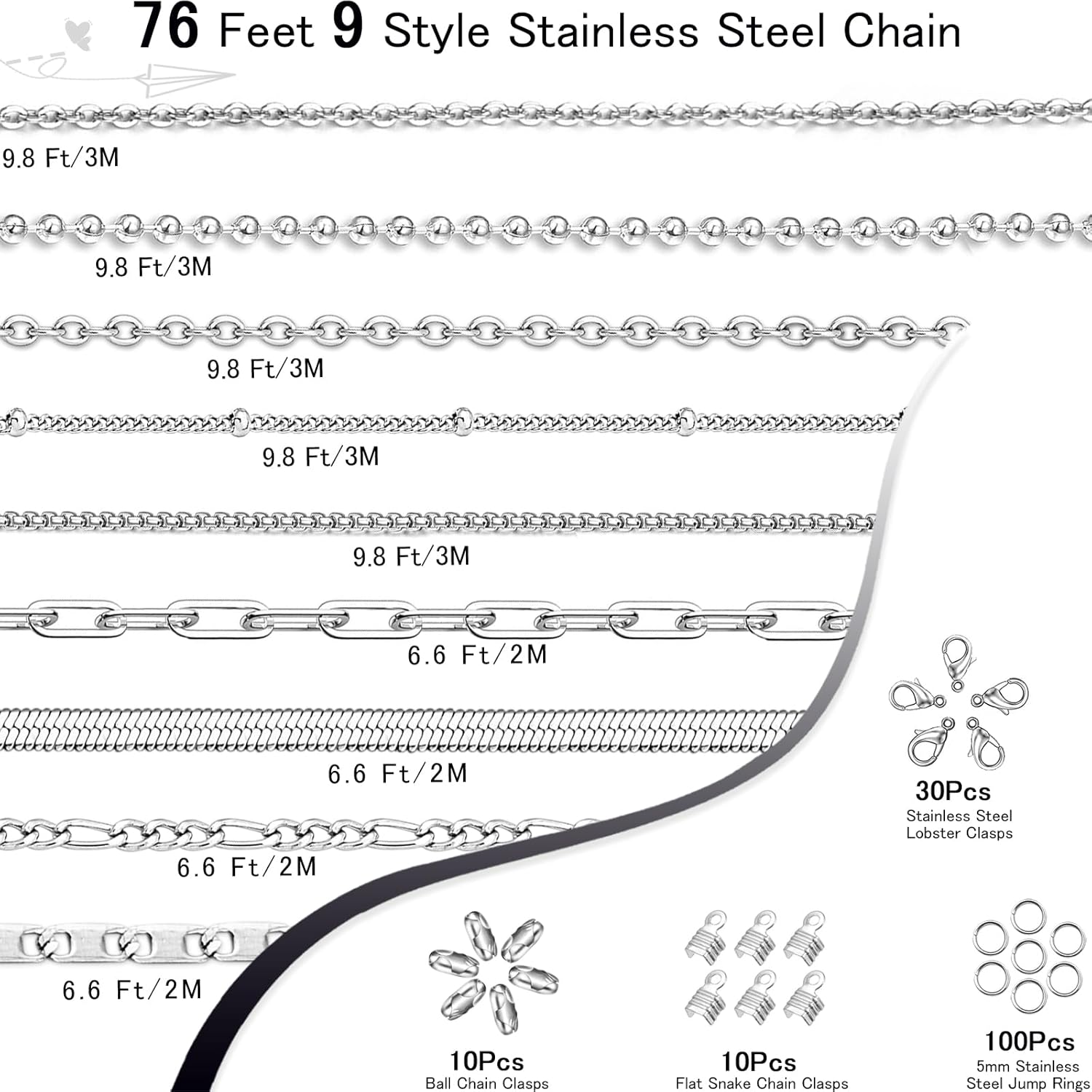 76 Feet Stainless Steel Chain for Jewelry Making, 9 Style Necklace Jewelry Chains for DIY Necklace Bracelets Craft Jewelry Making Supplies with Stainless Steel Jump Rings Lobster Clasp Connectors - Image 6
