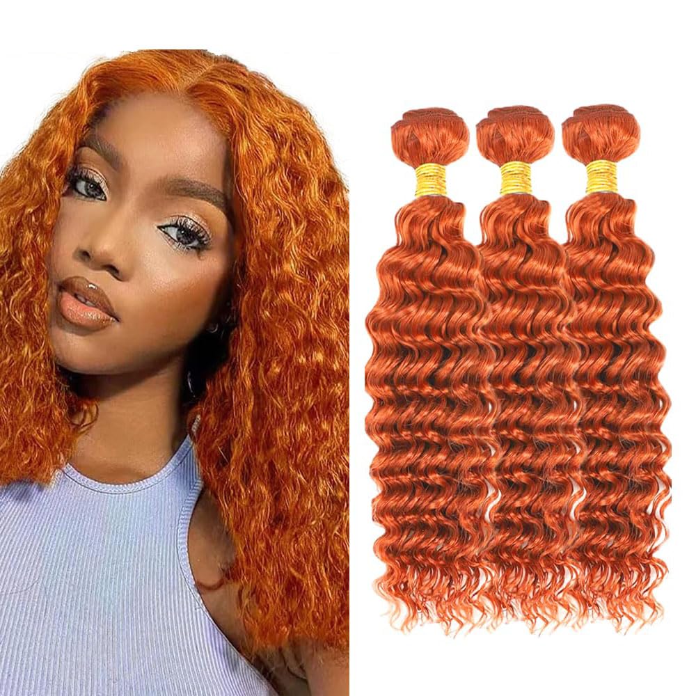 Shoaiye Deep Wave 3 Bundles Human Hair Extension #350 Copper Red Doubles Weft 100% Unprocessed 8A Glueless Human Hair Bundles Total 300g Ginger Orange Color 30 32 34 Inch