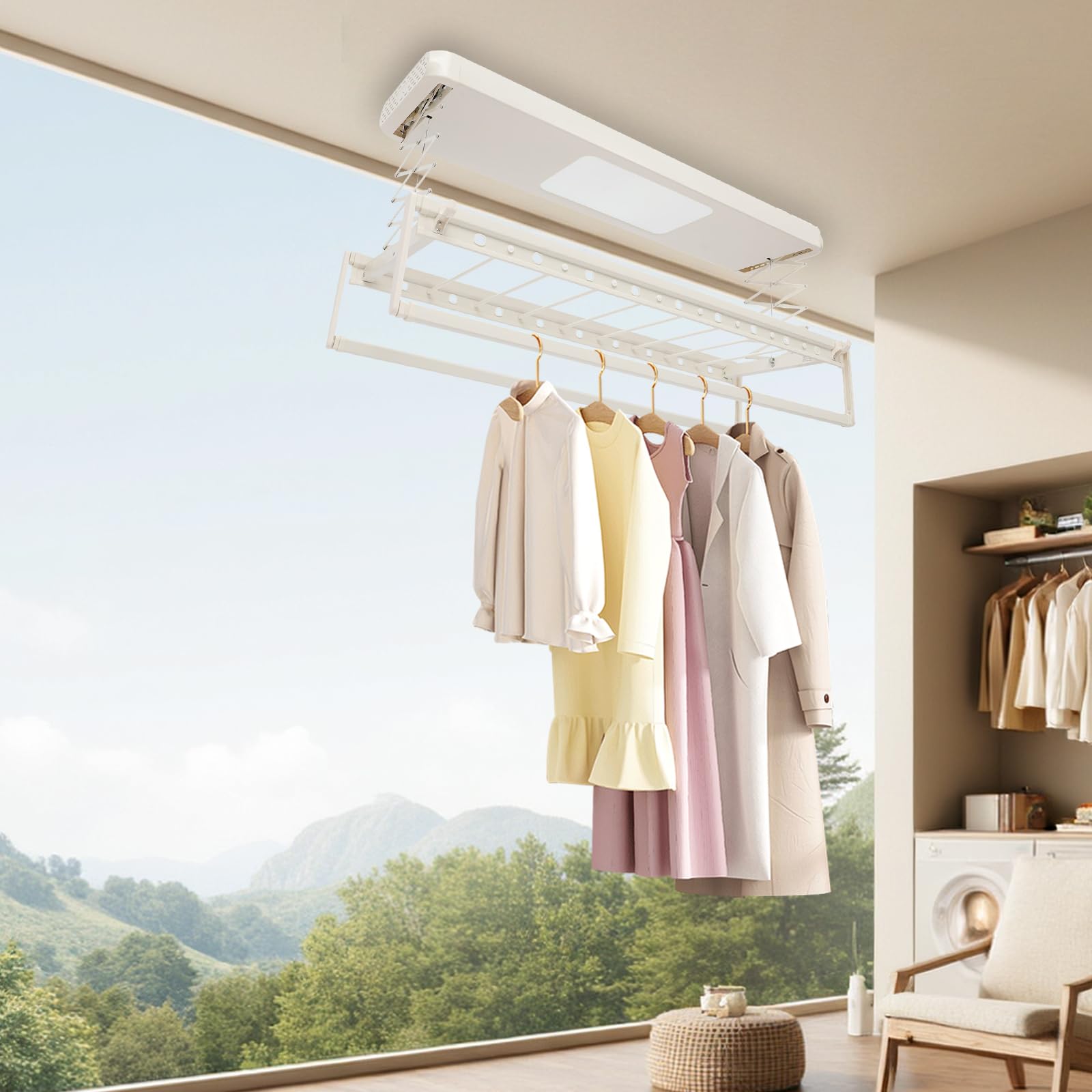 Elektrischer WäschestäNder Decke, Wäschetrockner Deckenmontage Mit Fernbedienung Und Led Beleuchtung, Ausziehbarer Deckentrockner Für Balkone Waschküchen, 125x31x7 cm, Off-White