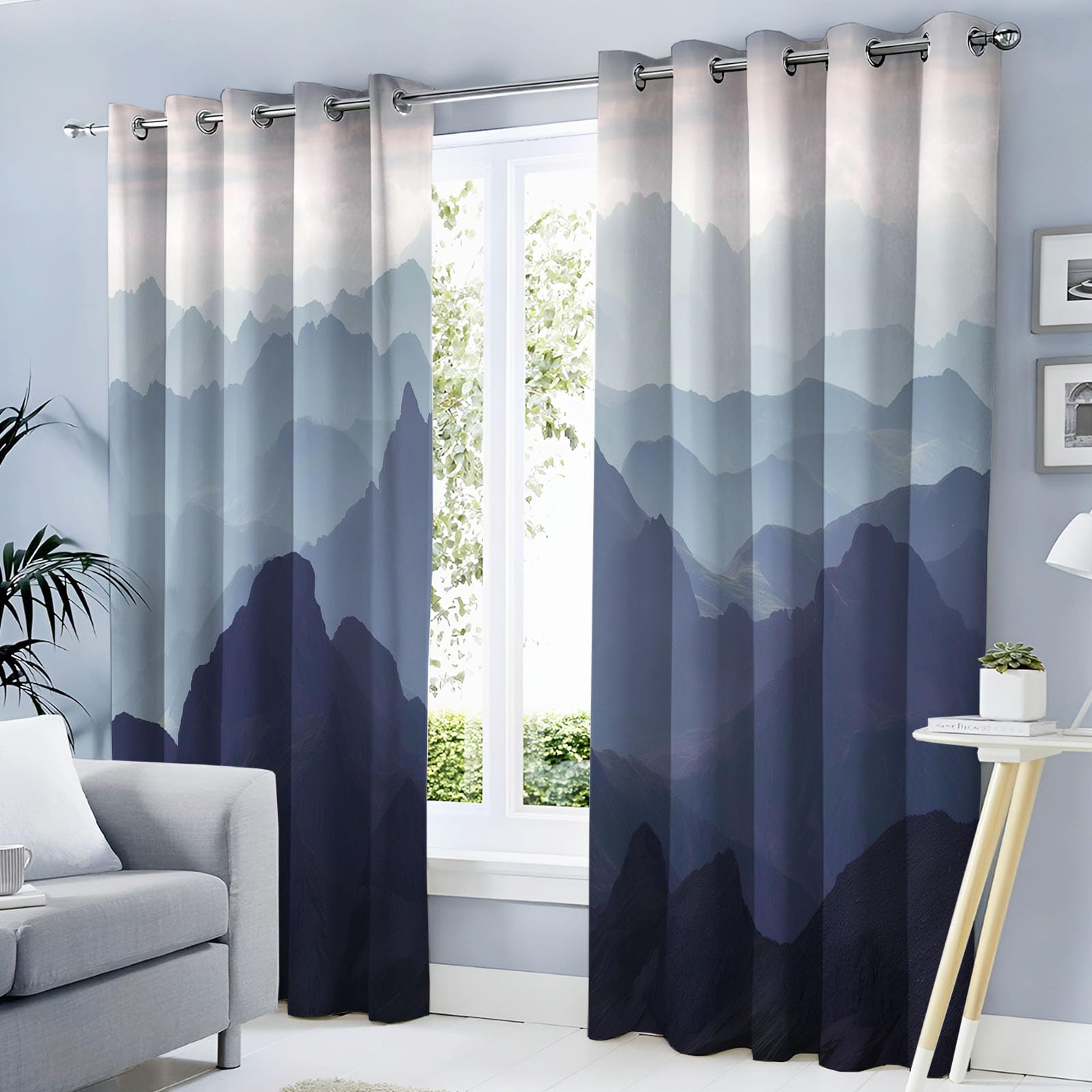 Rideau occultant bleu gris 140x240 cm avec motif montagne pour salon