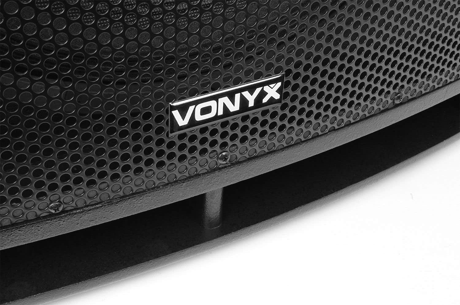 VONYX SWP18 Caisson de Basse Actif 1200W, Phase Réglable, Entrée/Sortie XLR + RCA, Amplificateur Intégré, Insert sur la Face Supérieure pour Enceinte Active, Grave 18", Idéal pour DJ Mobile
