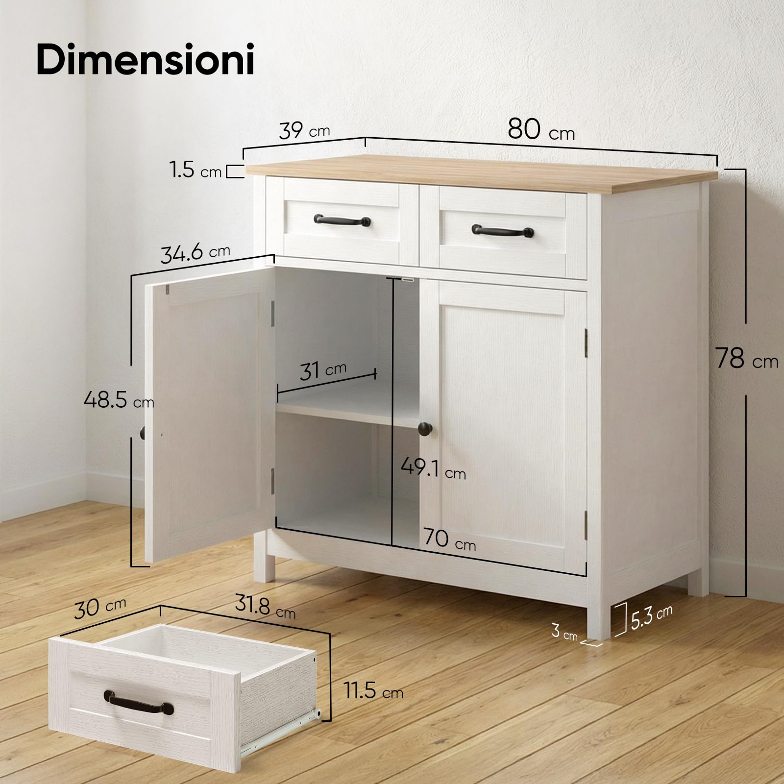 HOKEEPER Isola Credenza Bianca con Cassetti, Mobile Cucina Indipendente per Soggiorno, Sala da Pranzo e Corridoio
