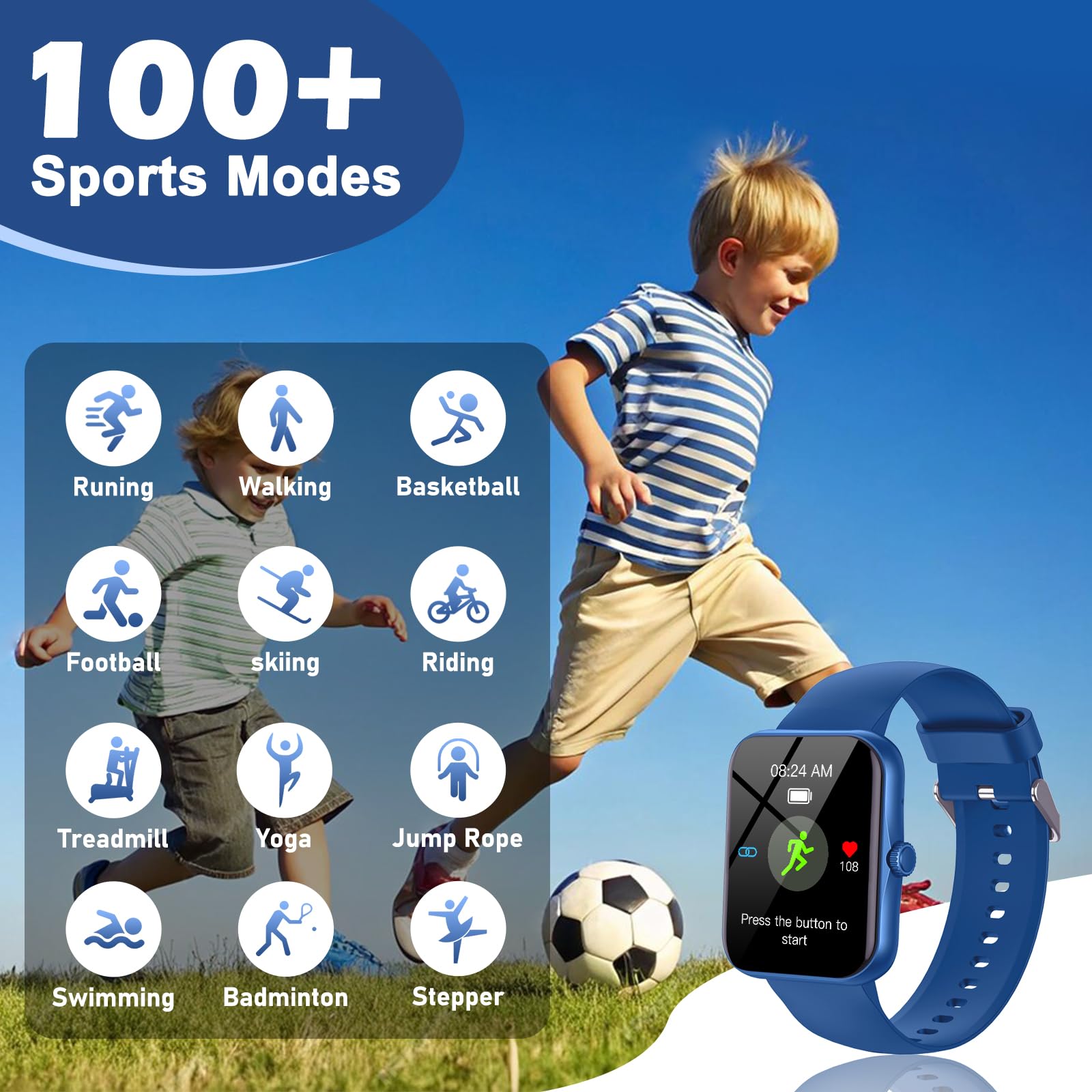 Smartwatch Bambini Fitness Tracker, 1.83" HD Orologio per Bambino Bambina con Frequenza Cardiaca Monitor del Sonno Resistente all'Acqua IP68, Smart Watch per Ragazza Ragazzo Ado 5-16 Anni Regalo, Blu