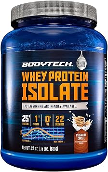 BodyTech Whey Protein Isolate Powder - 25g Protein per Serving with BCAAs - Fast-Absorbing for Muscle Growth & Recovery - Cinnamon Cereal 1.5 lb, 21 Servings