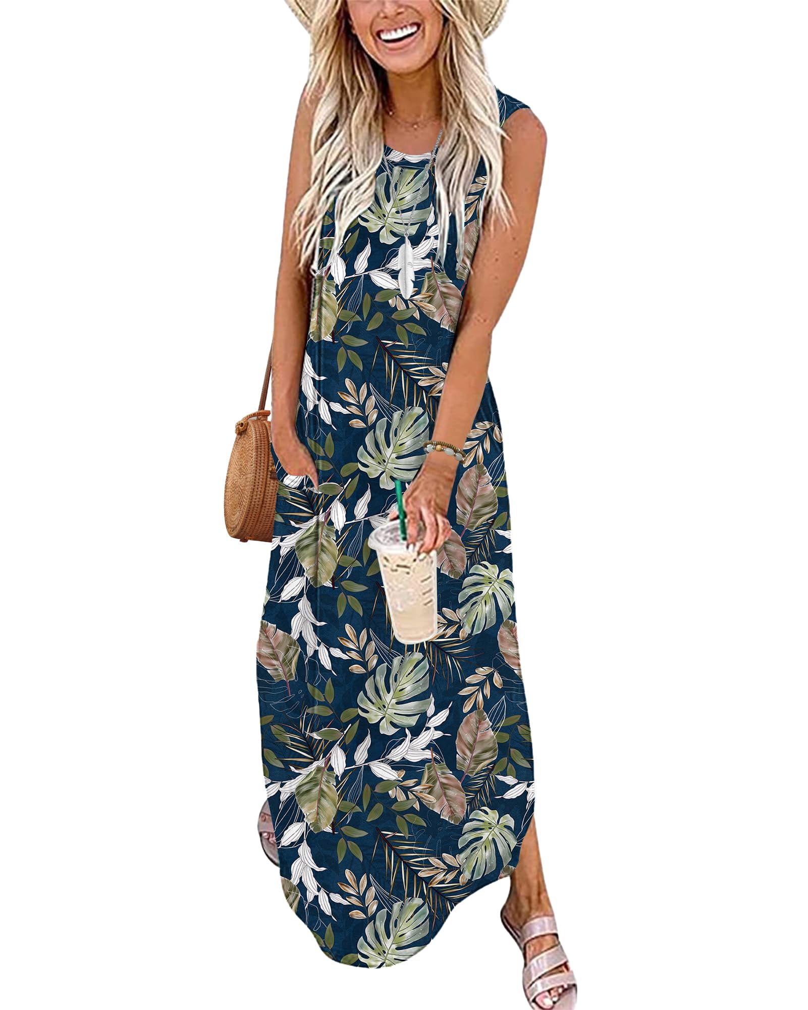 AUSELILY Vestito Lungo Donna Estivo Vestito da Spiaggia Mare Abito T-Shirt Donna Lungo Maxi con Spacco Laterale e Tasche