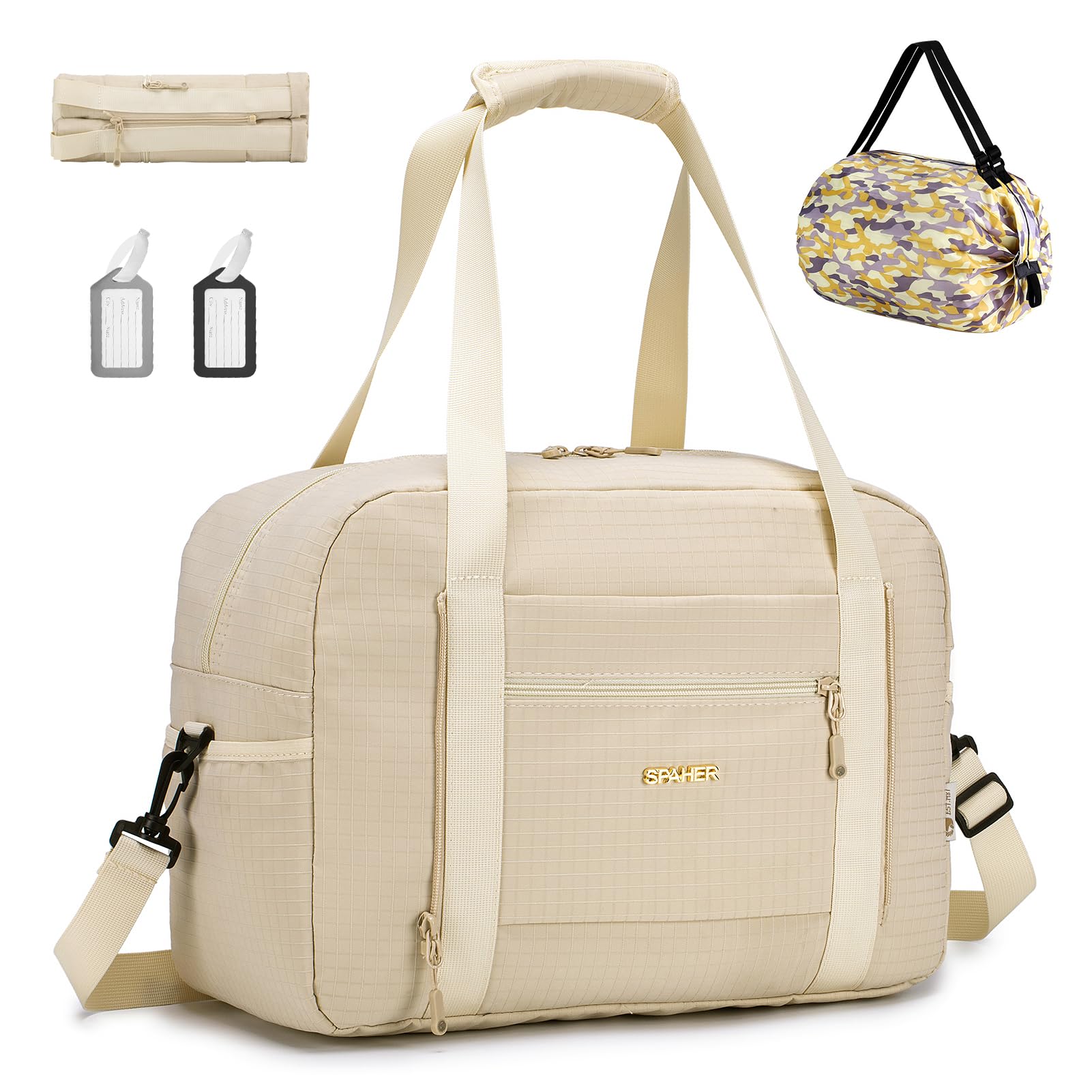 SPAHER Bolsa de Viaje 40x30x20 Wizzair Vueling Equipaje de Mano Bolsa de Deporte Gimnasio Impermeable Bolsos Maternidad Hospital Fin Semana Mujer Hombres Gym Bag Cabin Duffle Bag Beige
