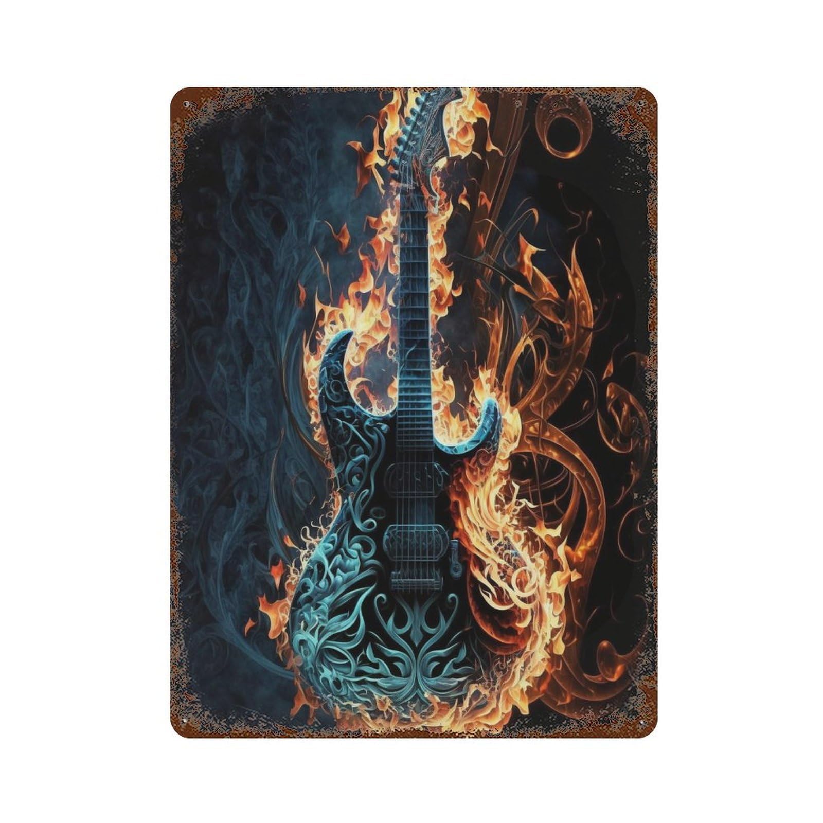Garage Style Electric Guitar on Fire Art Print Rustic Tin Plaque 15.7"x11.8", Vintage Wall Decor for Bar And Workshop