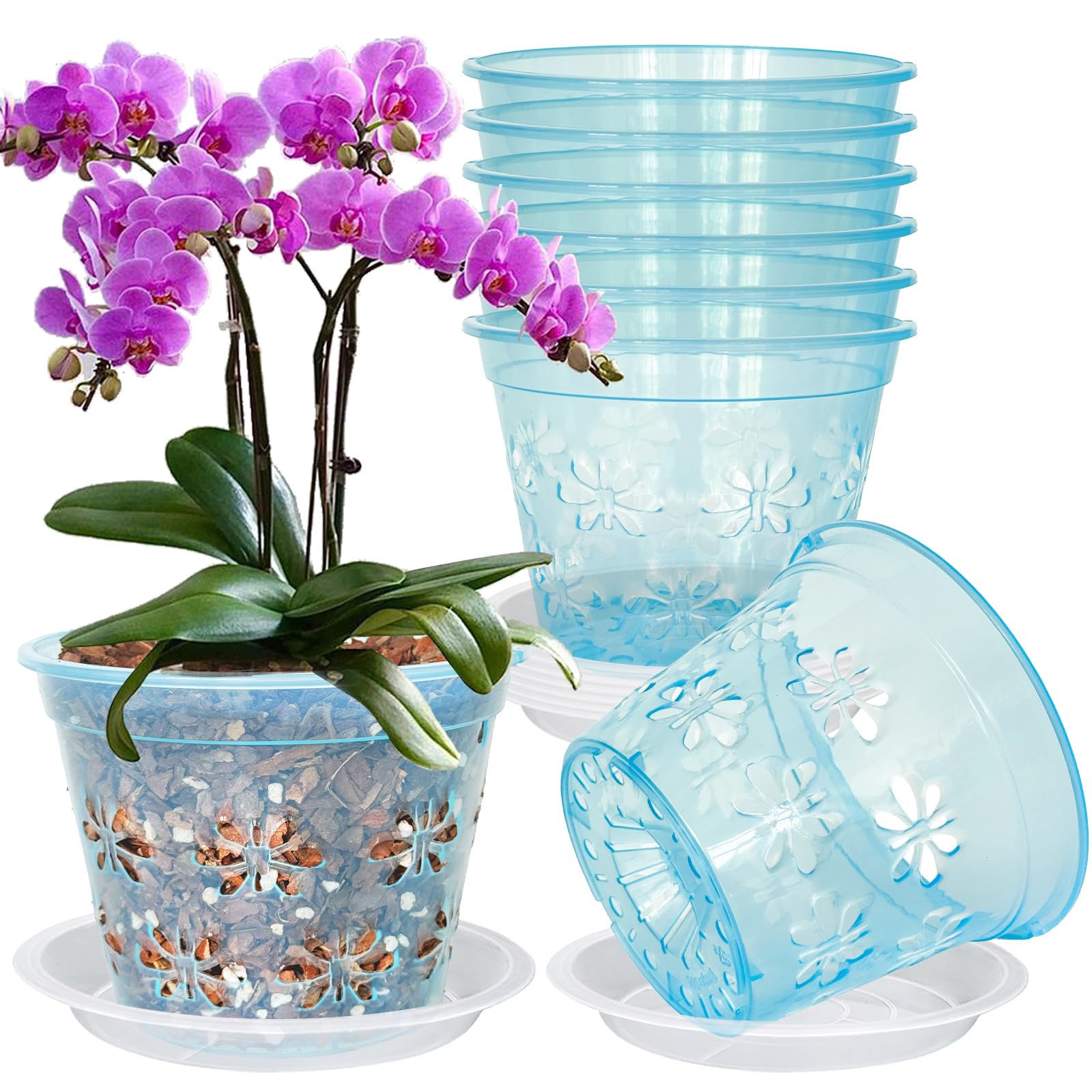 Orchid Pot, 8 Pack Orchid Pots with Holes & Saucers, Clear Plastic Pot for Repotting, Breathable Ventilation Planters for Phalaenopsis, Dendrobium & Oncidium Orchids(7 inch, Blue)
