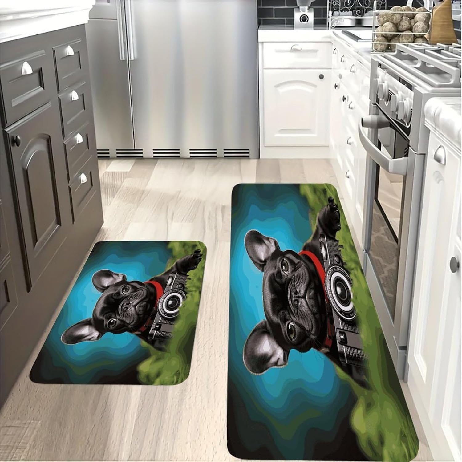 French Bulldog Puppy with Camera Kitchen Mats with 2PCS Non-Slip Washable,Kitchen Rug Heavy Duty Durable, Floor Mats for Kitchen,Office,Sink,Laundry