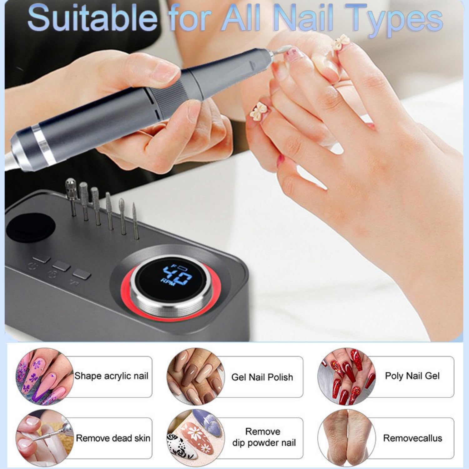 Professionelle Wiederaufladbare Elektrische Nagelfeile für gelnägel, 40000 RPM Nagelfräser Kabellos mit Bits & Speicher für Acrylnägel Gel Polieren Entfernen, Zuhause Salon