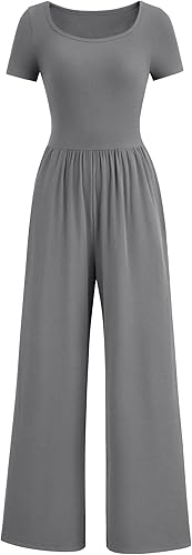 PRETTYGARDEN Women's Summer One Piece Jumpsuits Dressy Casual Short Sleeve Square Neck Wide Leg Jumpsuit Rompers