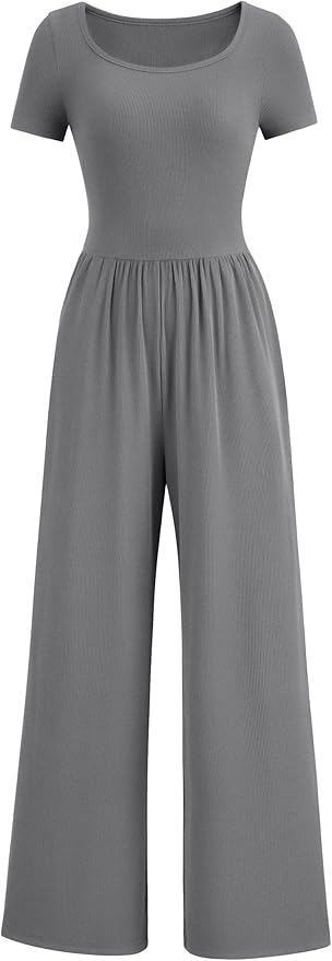 PRETTYGARDEN Women's Summer One Piece Jumpsuits Dressy Casual Short Sleeve Square Neck Wide Leg Jumpsuit Rompers