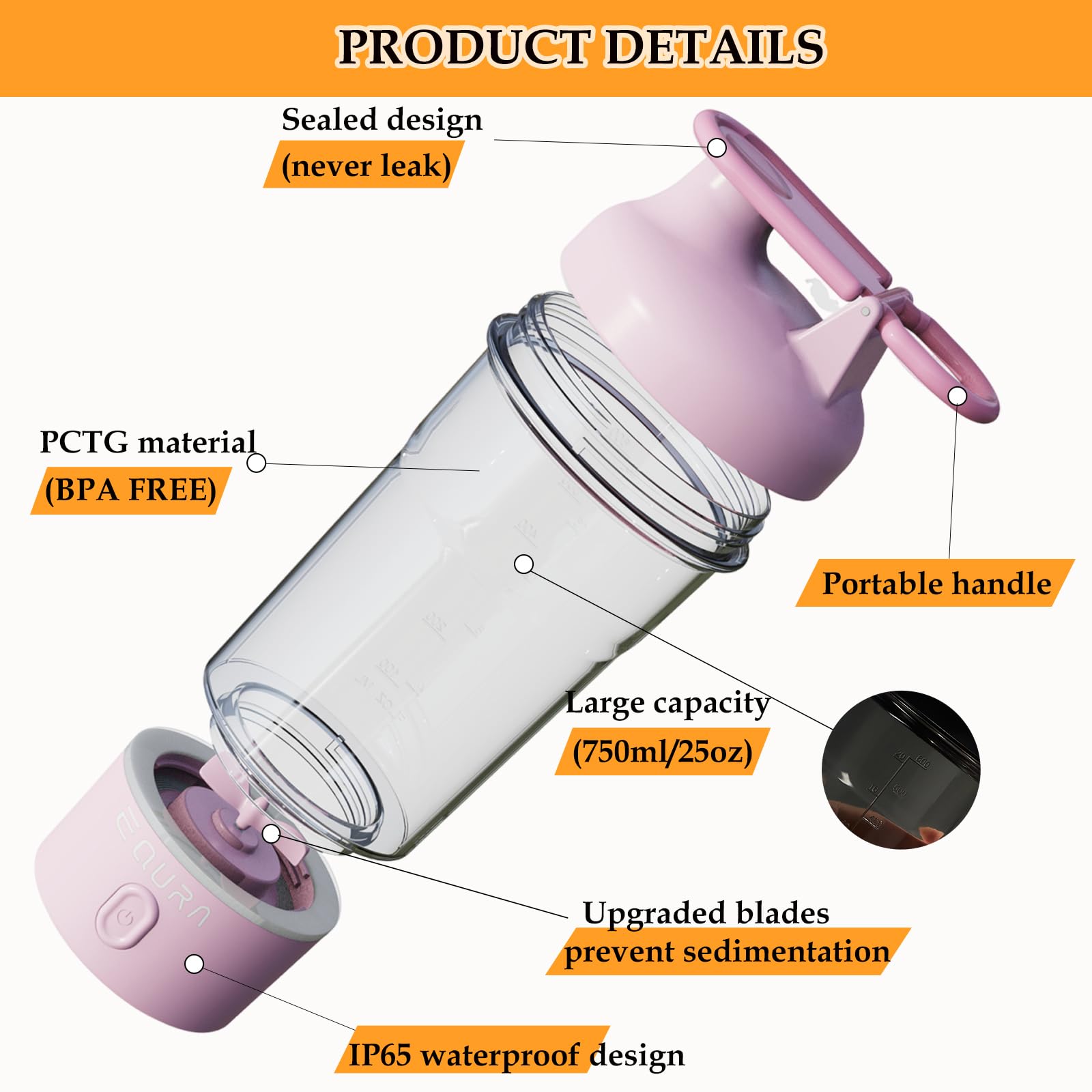 Elektrische Shaker-Flasche, 750 ml Proteinmischungsflasche, tragbar, wiederaufladbar, Pulsfunktion, BPA-frei, bunte helle Basis (Rosa)