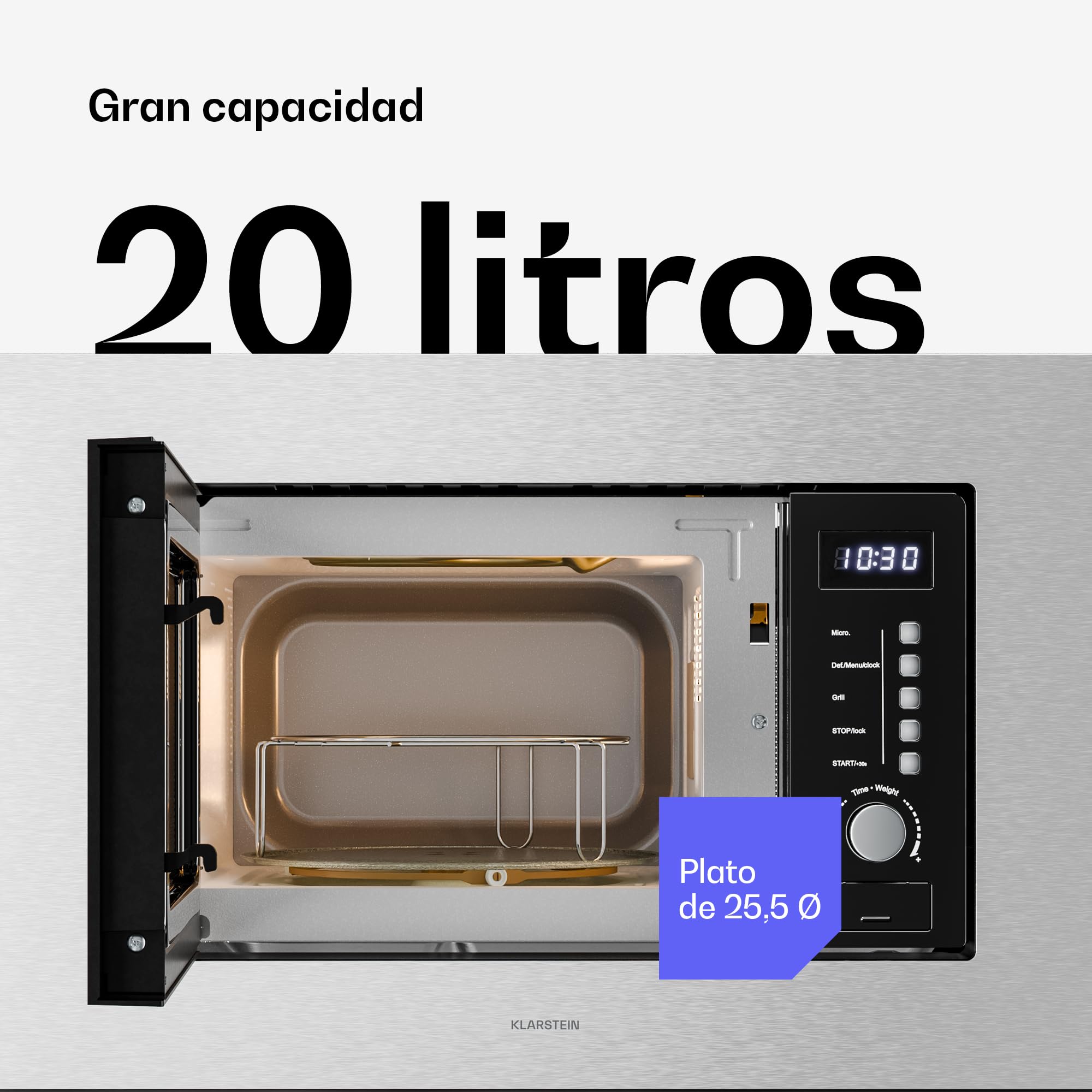 Klarstein Verosteel Microondas Empotrable con Grill – 20L, 700W, 8 Programas, Acero Inoxidable, Control Táctil, Microondas Integrable, Plato Giratorio 25,5cm, Acero Inoxidable