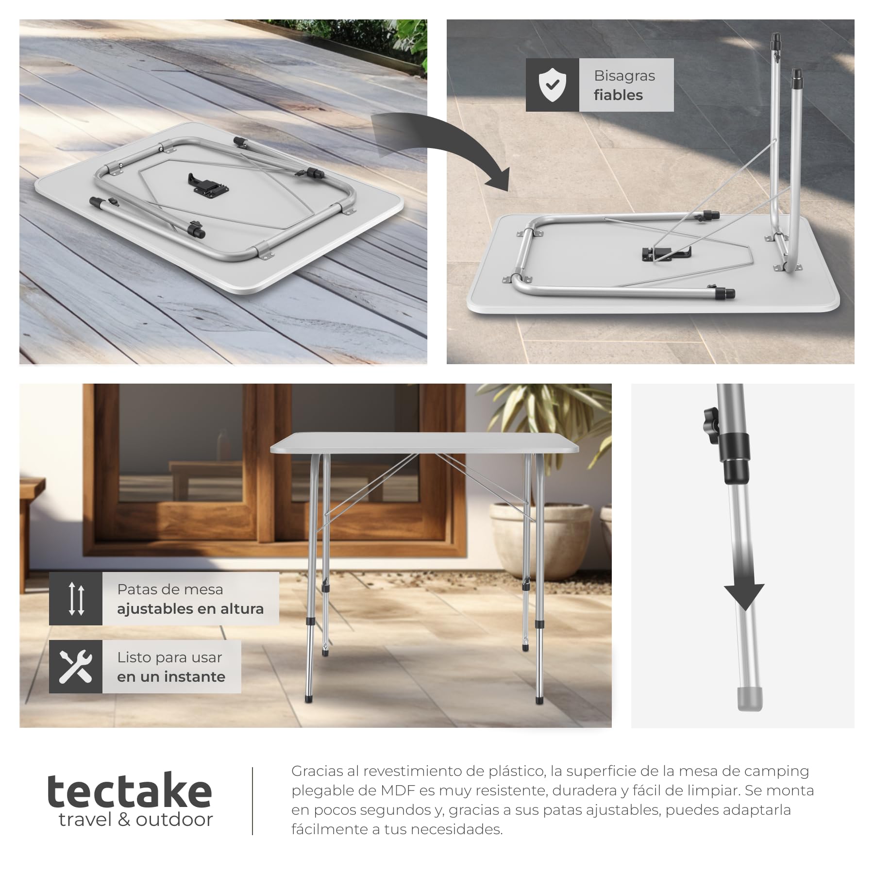 tectake® Mesa Plegable, Mesa Camping Plegable con Altura Ajustable, Mesa Jardín Exterior con Bordes de Aluminio, Tablero MDF, Fácil Limpieza, Ideal Acampadas, Jardín, Terraza, Picnic, 80x60x68cm