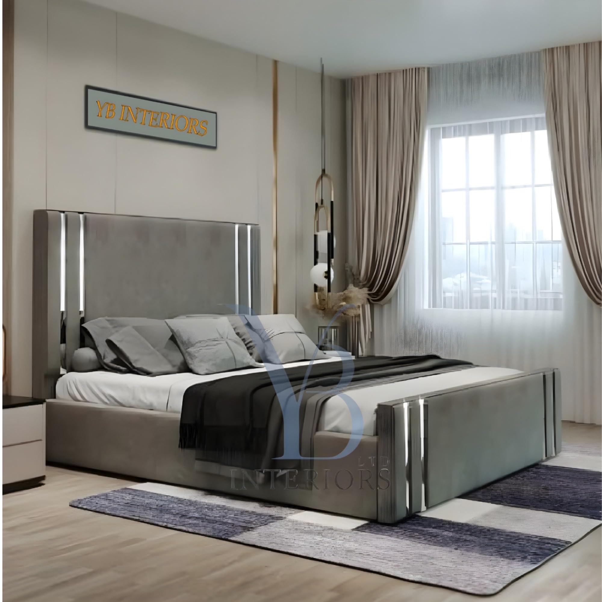 Velvet Upholstered Sleigh Bed Frame with Headboard and Footboard, Luxury Bedroom Set (Grey, 6FT Super King Size Bed Frame)