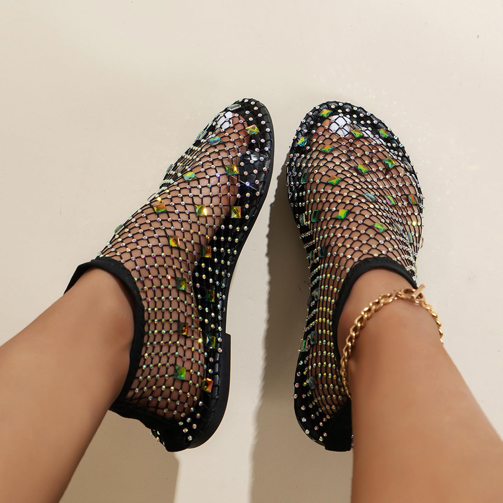 Mesh Ballet Flats For Women Women's Mesh Flats With Rhinestones -  Breathable Fishnet Sandals Low Heel Slip On Shoes Goddess Shoes, image size:1600x1600