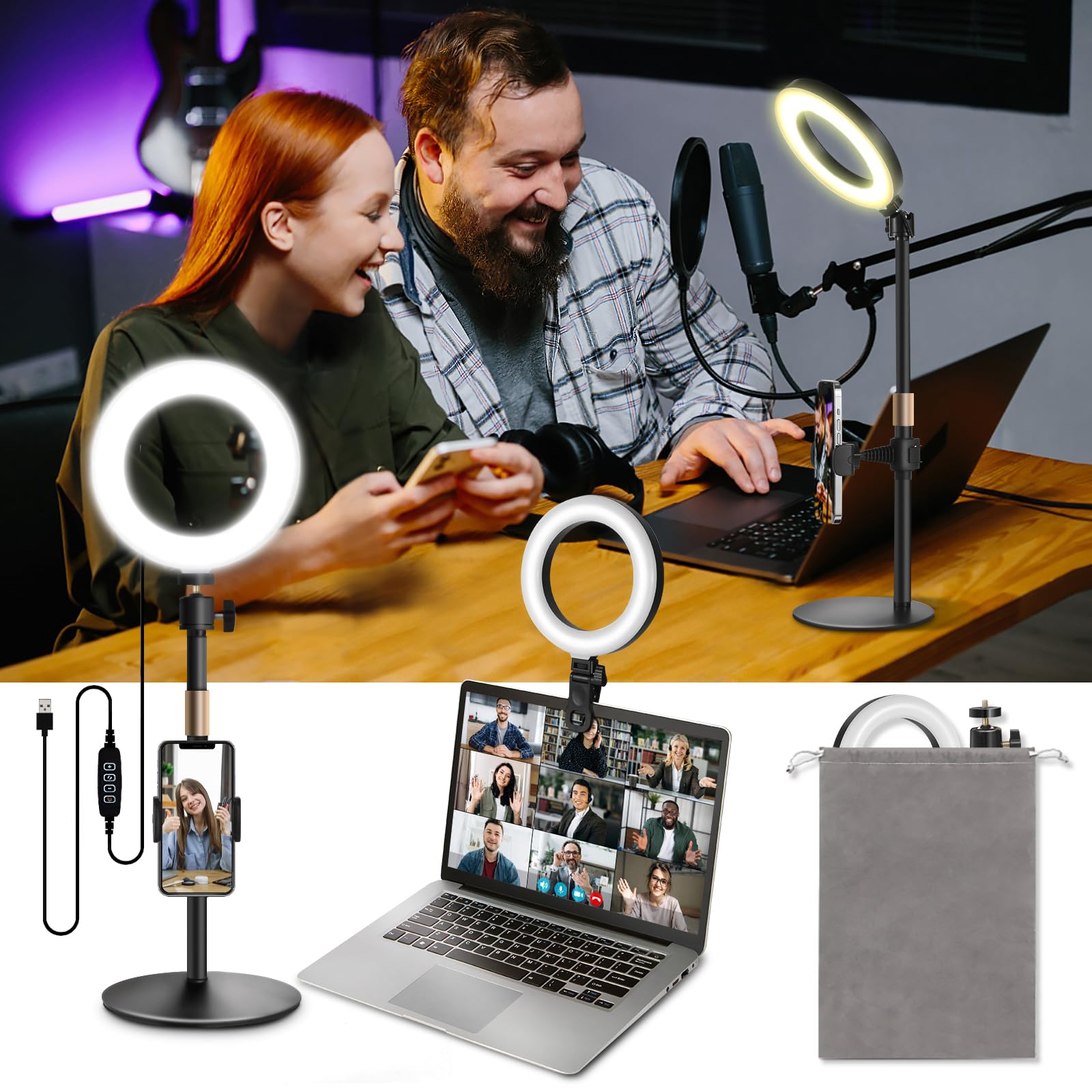 Railee Ring Light with Stand and Clip 6 Inch Ring Light with Cell Phone Selfie LED Ring Light Circle Light Video Conferencing Light for Laptop Monitor Vlog Makeup Live Streaming Video Recording