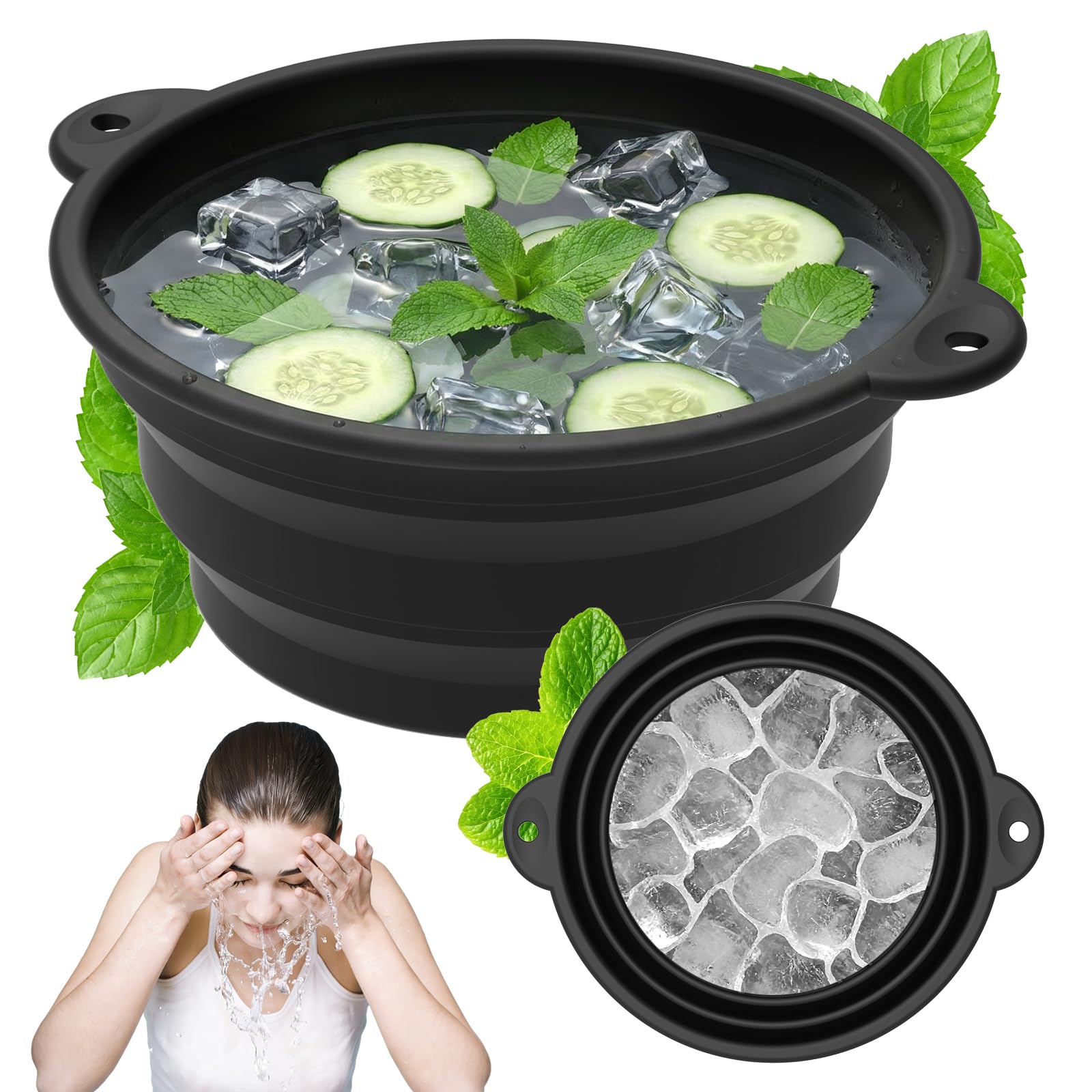 MENIBBLER Silicone Ice Face Bowl Foldable Face Ice Bath with Built in Icetray and Hanging Design, Portable Cooling Facial Washing Basin for Puffiness Relief Soothe Skin for Home Travel Camping(Black)